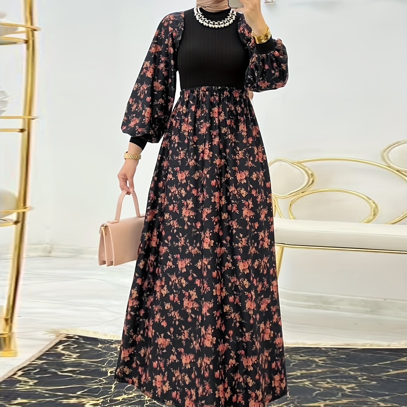 Women's Middle Eastern-Inspired Floral Print Maxi Dress - Polyester-Spandex Blend, Machine Washable, All-Season Versatile Wear, Elegant Casual to Formal Occasion Dress
