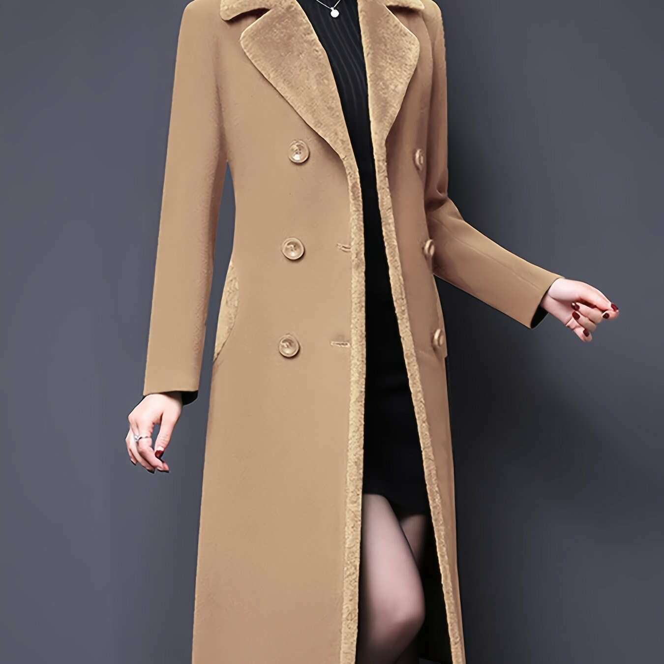 Women's Double-Breasted Notched Lapel Midi Pea Coat