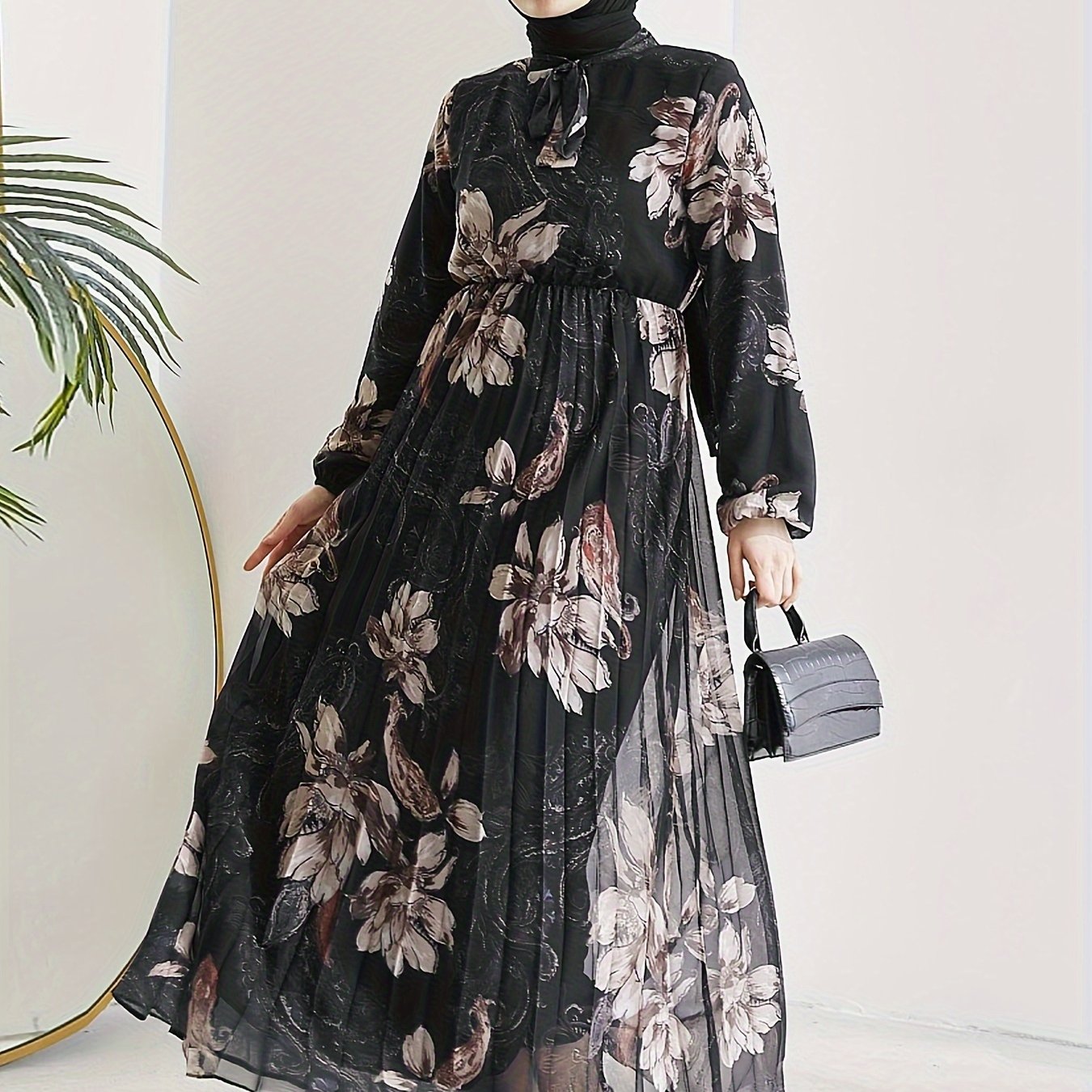 Stunning Floral Print Maxi Kaftan Dress - Modest Long Sleeve, Pleated, Flowy, Polyester, Machine Washable, Random Printing, Middle Eastern Style - Perfect for All Seasons