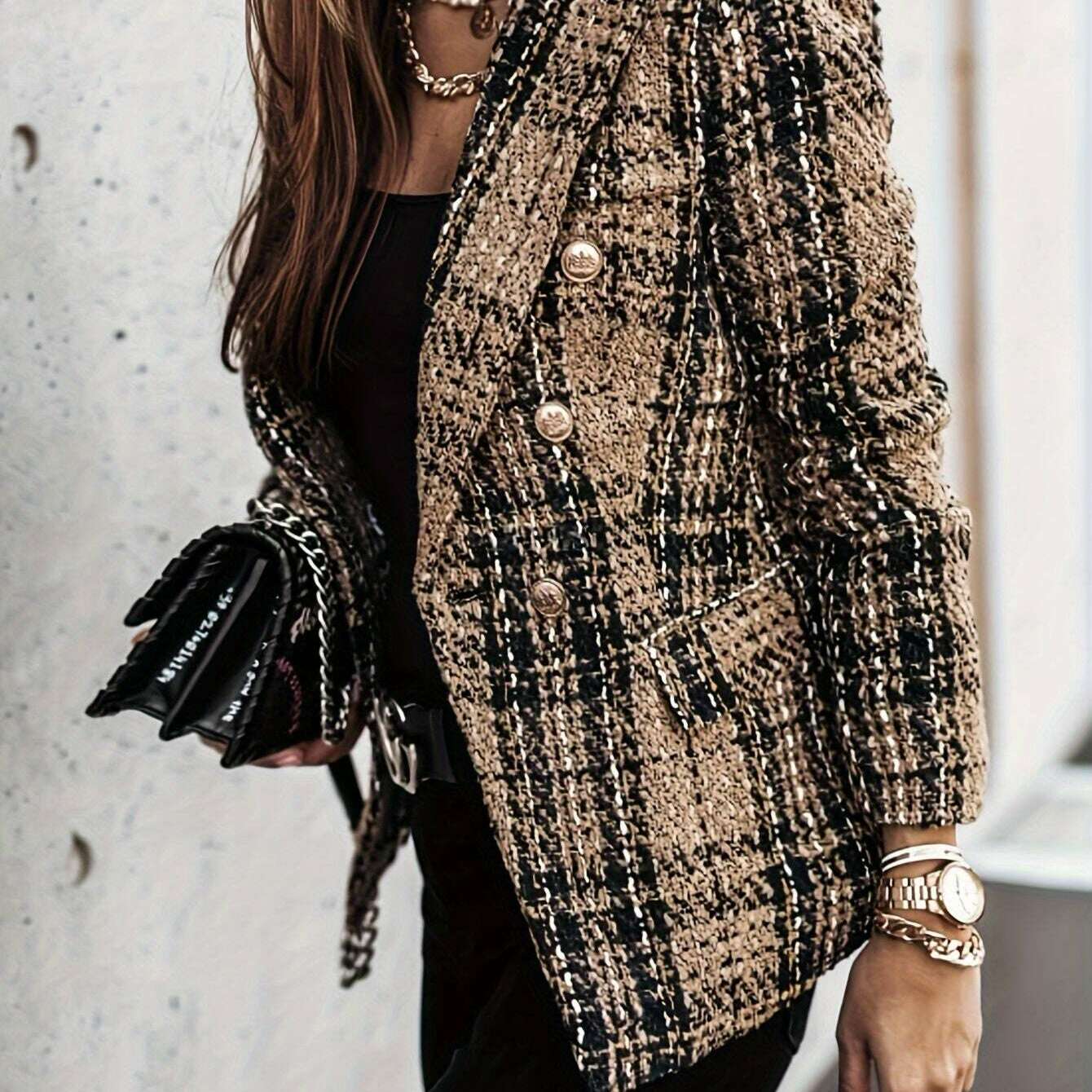 Elegant Plaid Tweed Double-Breasted Blazer for Women