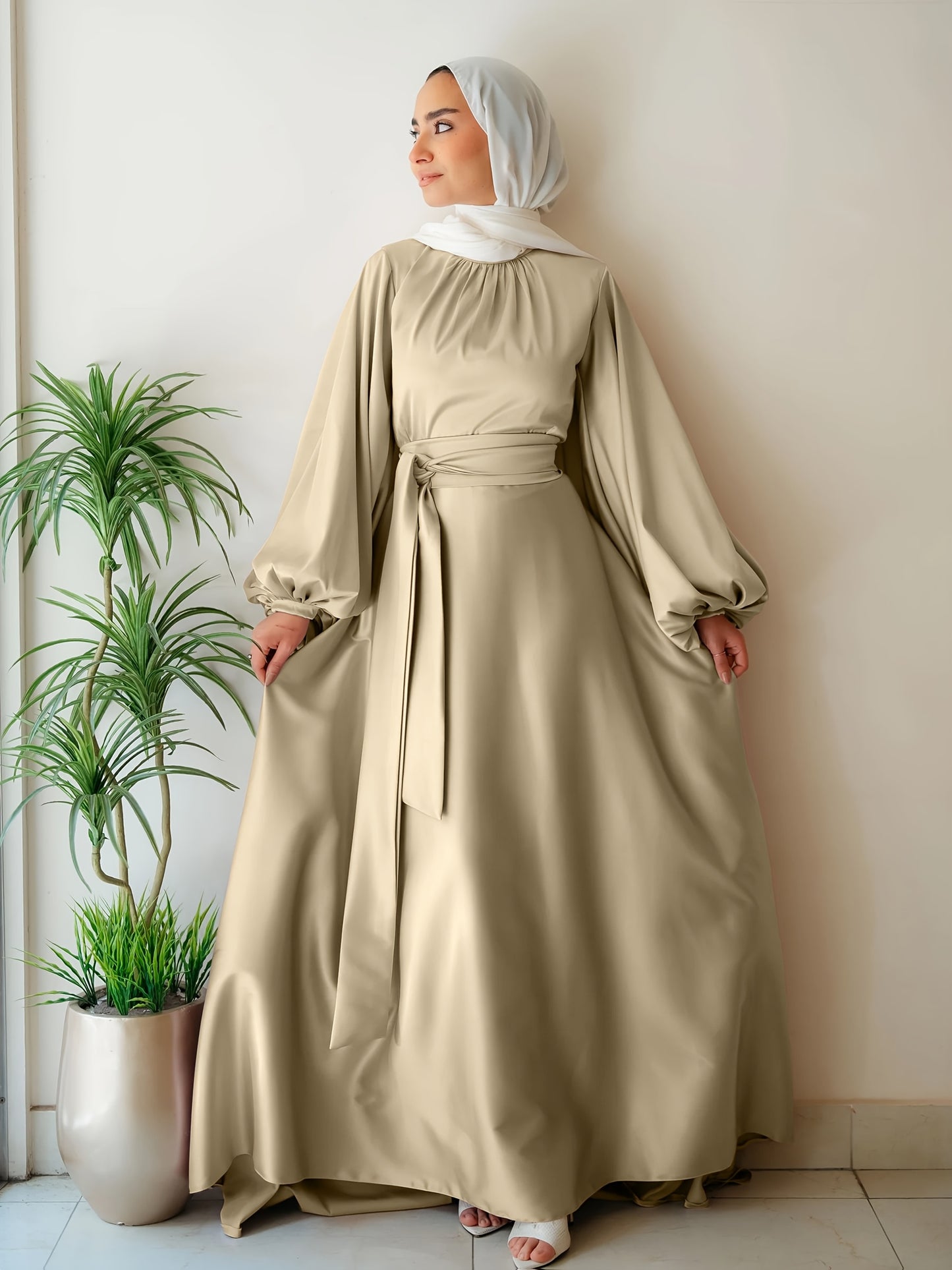 Elegant Satin Abaya with Lantern Sleeves and Belt - Long, Flowing Maxi Dress for Women, Perfect for Festivals and Special Occasions, Festival Attire|Sleek Fitted Design|Polyester Fabric