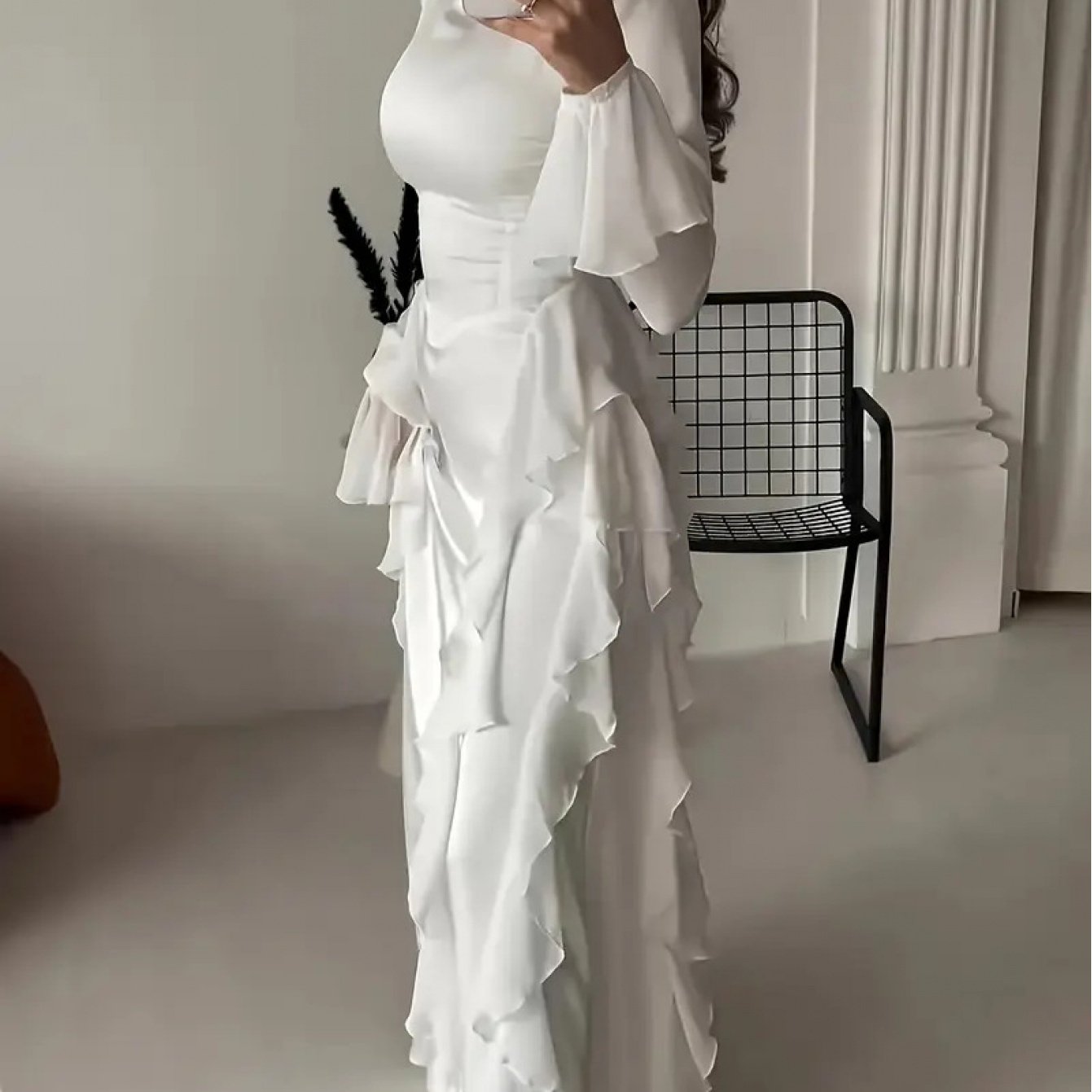 Elegant White Mock Neck Maxi Dress with Bell Sleeves & Ruffle Hem - Fitted Top & Flowy Skirt, Machine Washable Polyester, Non-Stretch, Versatile for Fall Events & All-Season Wear, Formal Event Attire, Nonstretch Material
