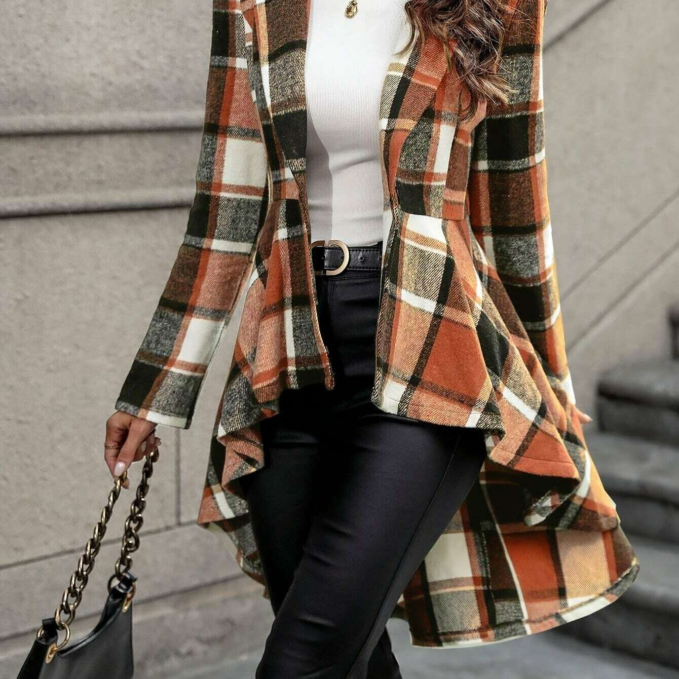 Stylish Plaid Flare Jacket with High-Low Hem for Women