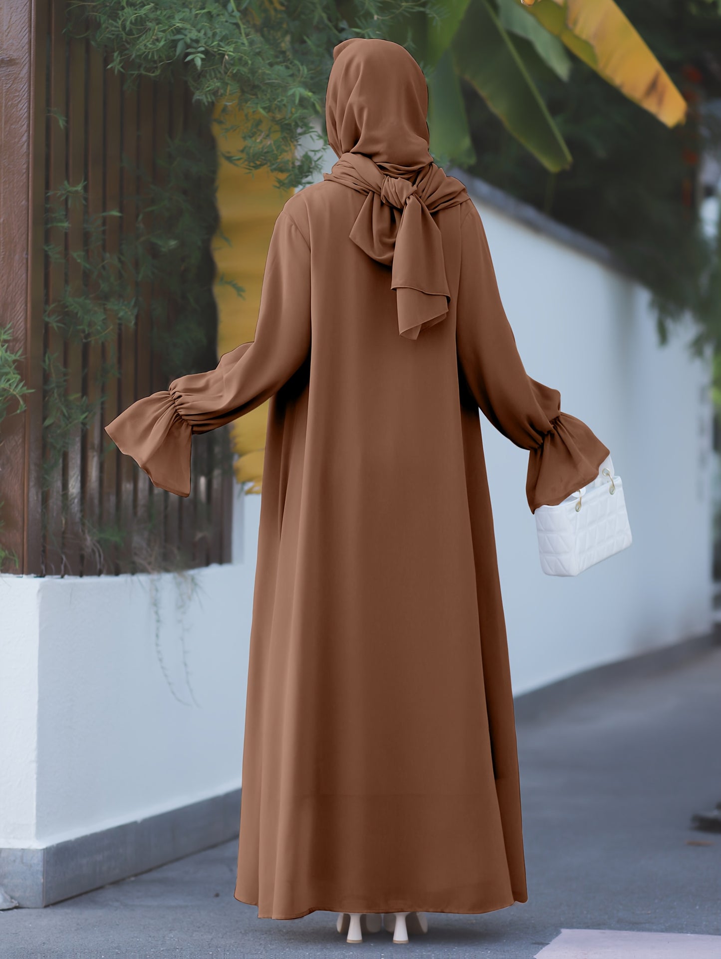 Middle Eastern Muslim Elegant Chiffon Abaya Set with Vest and Belted Outer Wrap