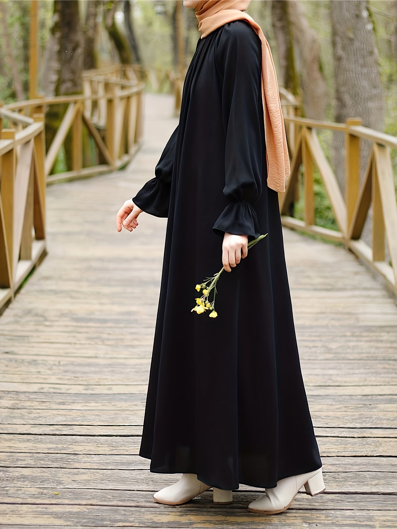 Women'S Navy Blue Long Tunic Dress with Puff Sleeves - Comfortable, Solid Color, All-Season Wear, Casual Style, Casual Attire | Puff Sleeve Top | Flowy Fabric
