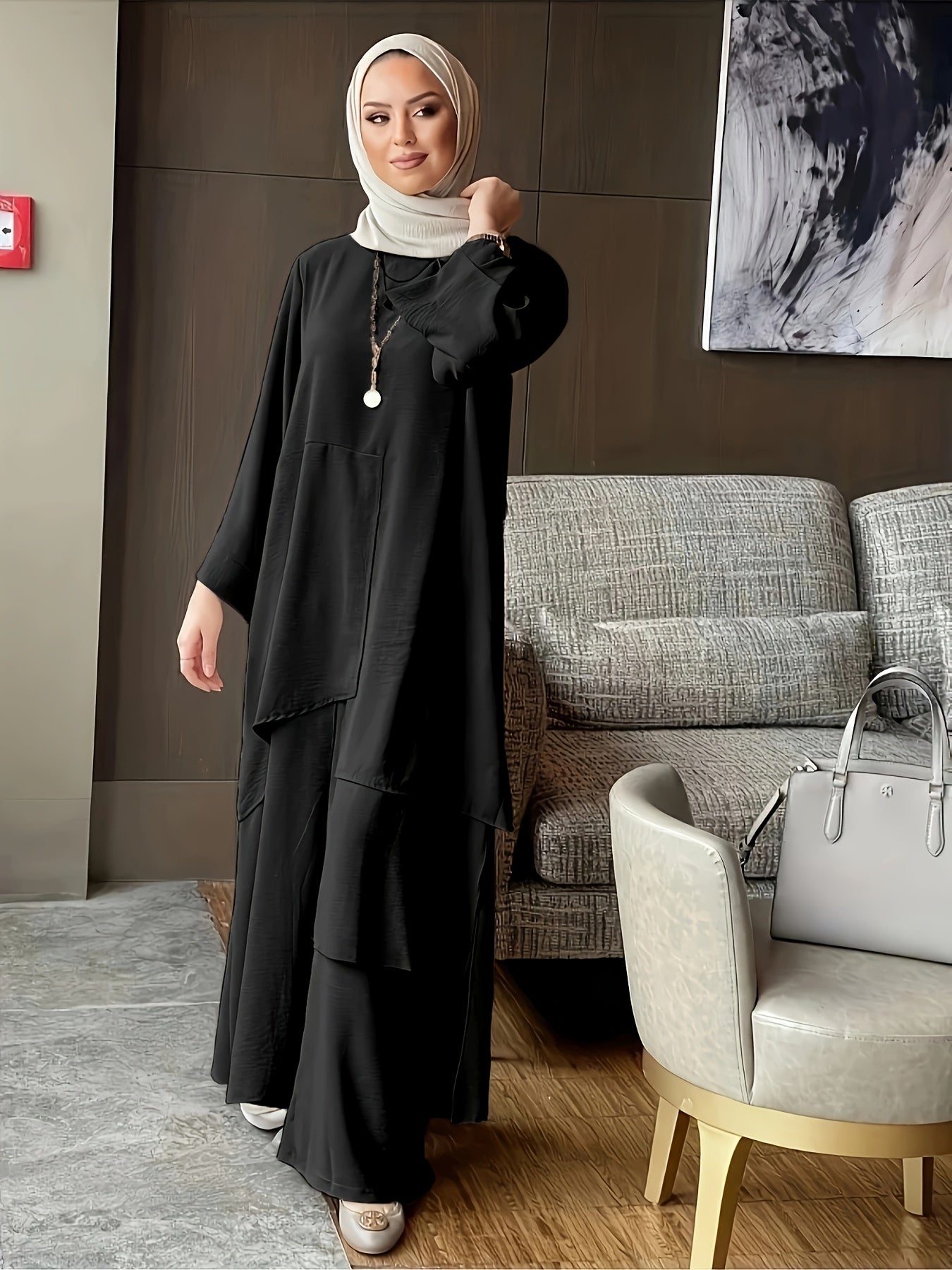 Muslim Women's Round Neck Abaya and Wide-Leg Pants Set, Middle Eastern Two-Piece Abayas with Round Neck