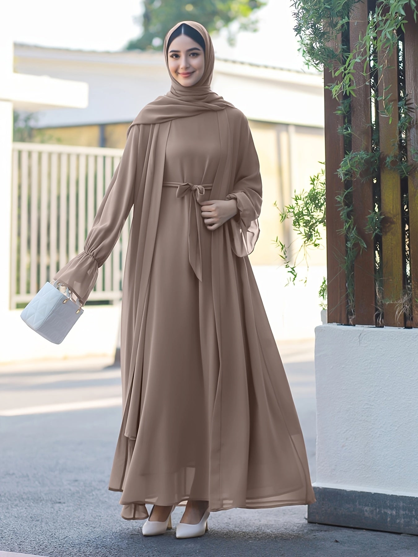 Middle Eastern Muslim Elegant Chiffon Abaya Set with Vest and Belted Outer Wrap