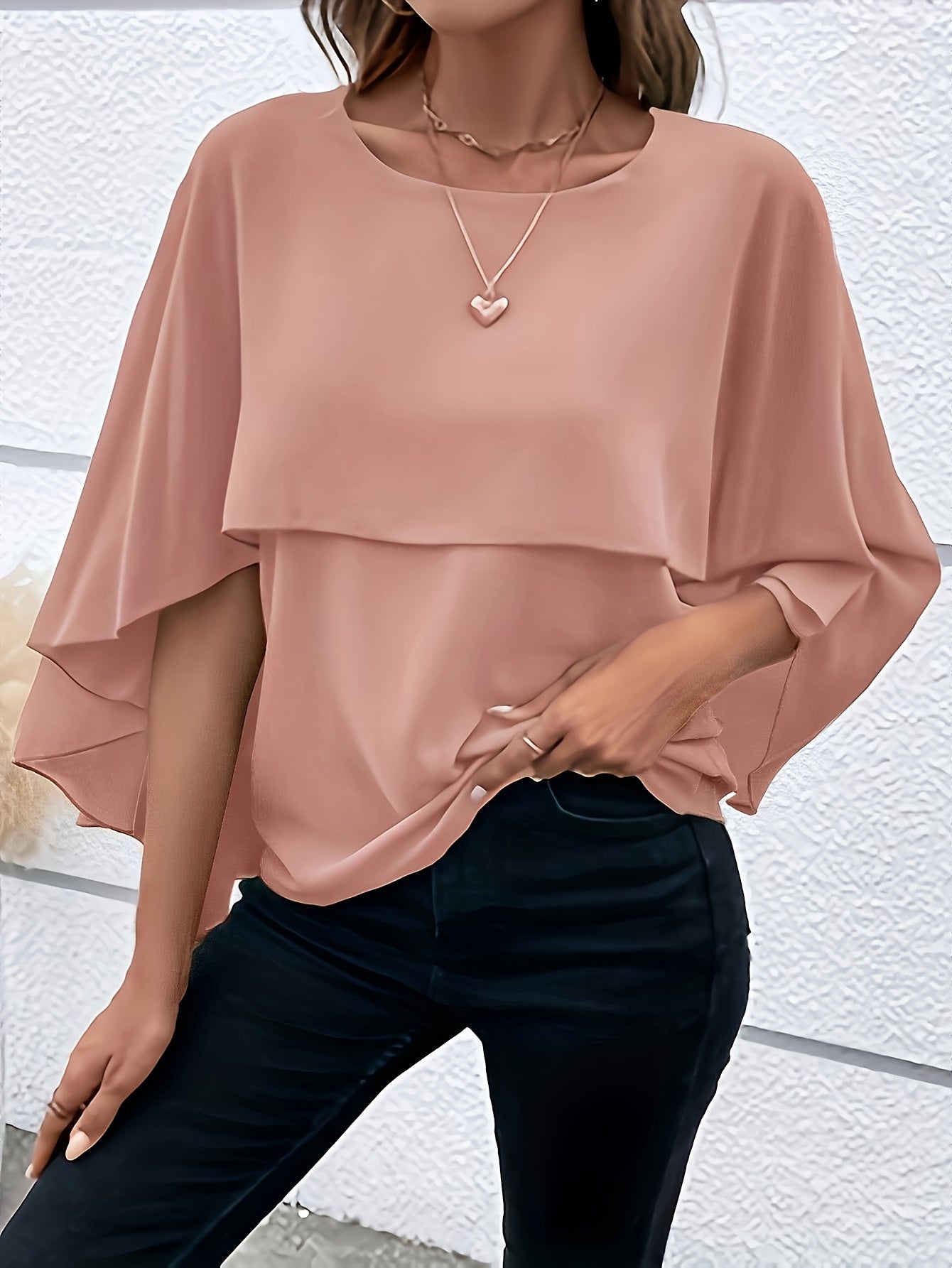 Solid Color Layered Cape Sleeve Shirt, Versatile Round Neck Shirt For Spring And Autumn, Women'S Clothing