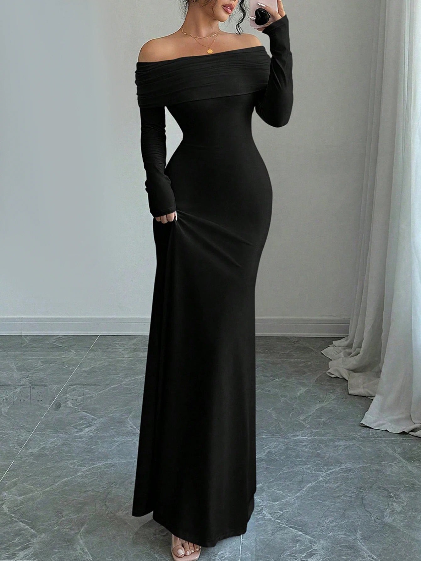 Women'S Elegant Off-Shoulder Long Sleeve Party dress - Formal to casual event gown, flatterning A-Line silhouette, Chic Evening & Everyday Outfits - Women'S Formal & Everyday Dresses, Dresses for Party, Evening Wear, Offshoul