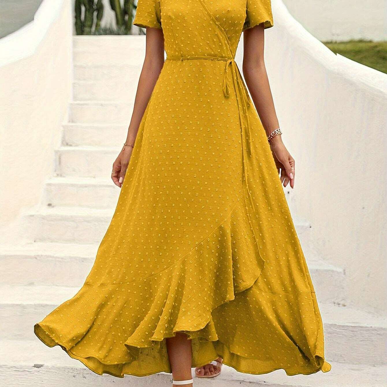 Elegant Women's Swiss Dot Surplice Neck Maxi Dress - D&M Boutique