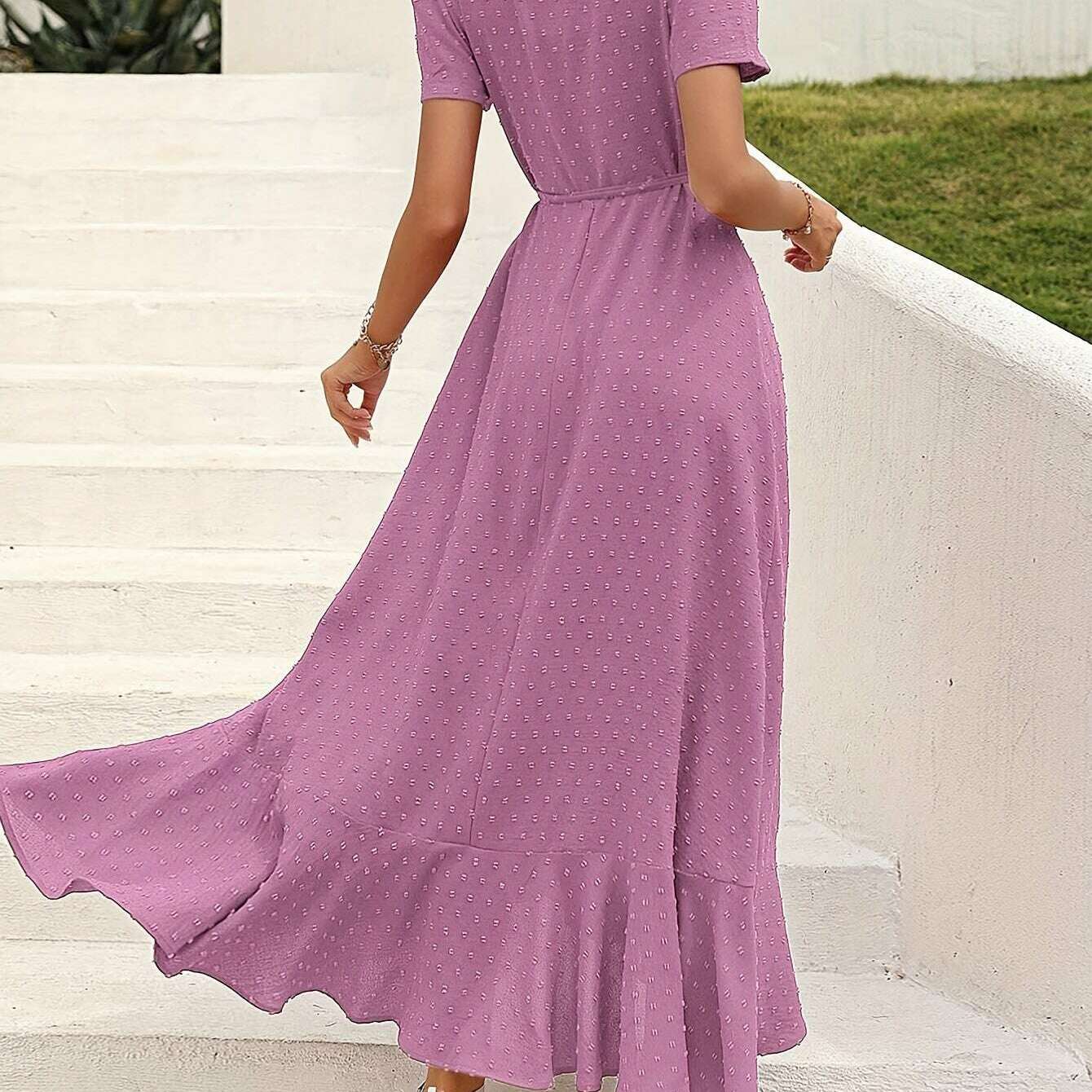 Elegant Women's Swiss Dot Surplice Neck Maxi Dress - D&M Boutique
