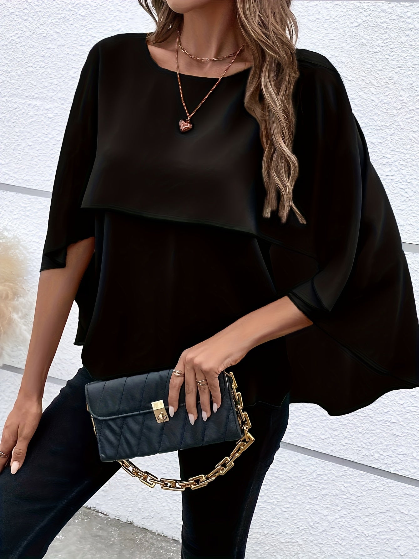 Solid Color Layered Cape Sleeve Shirt, Versatile Round Neck Shirt For Spring And Autumn, Women'S Clothing