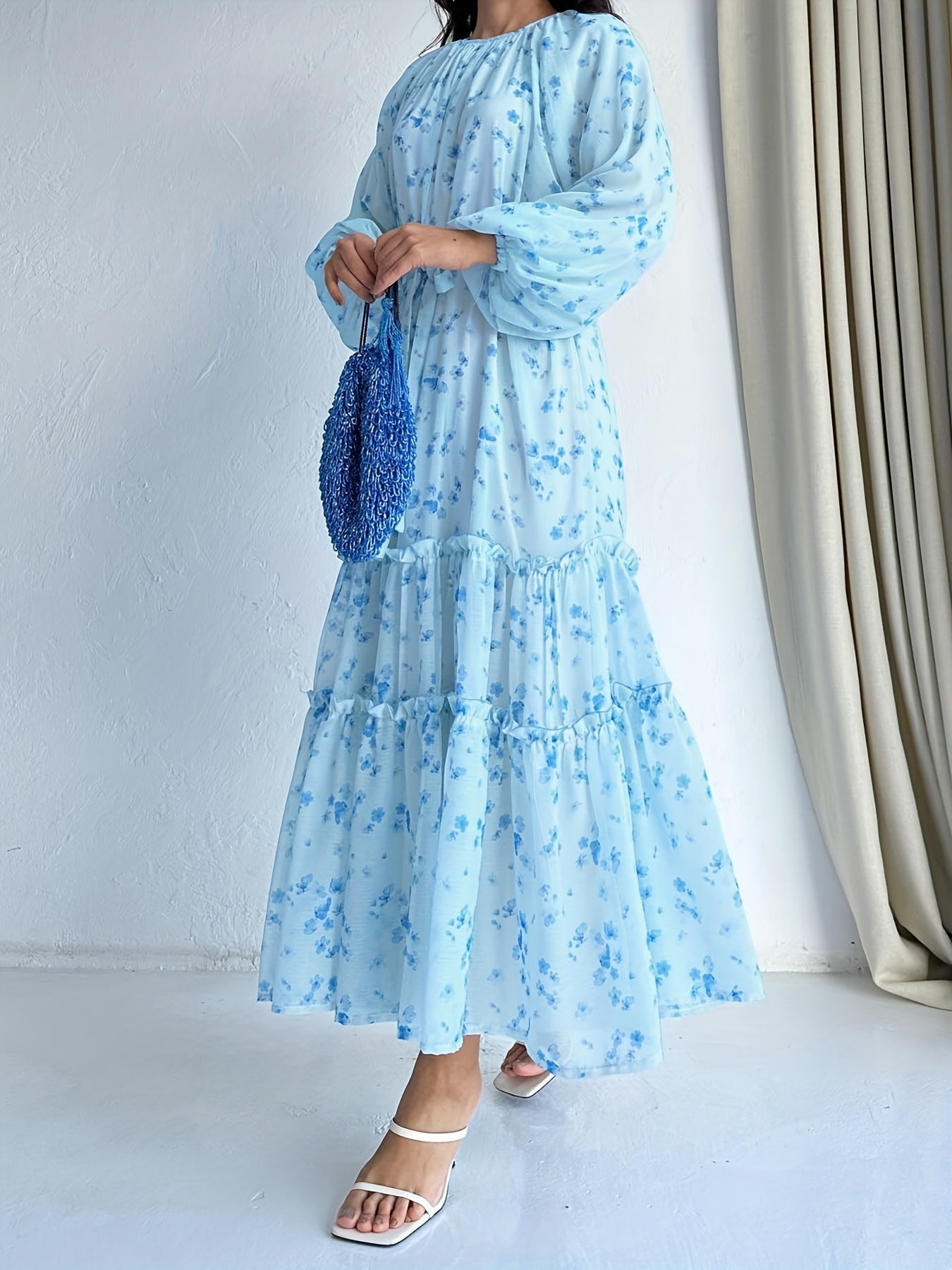 Stunning Floral Print Crew Neck A-Line Dress - Elegant Long Sleeve, Tiered Hem, Comfortable Fit, Versatile Occasion Wear - Womens Clothing for Everyday Elegance
