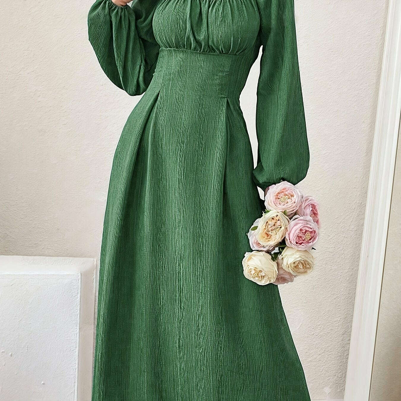Textured Cross Tie Lantern Sleeve Dress – Elegant & Romantic
