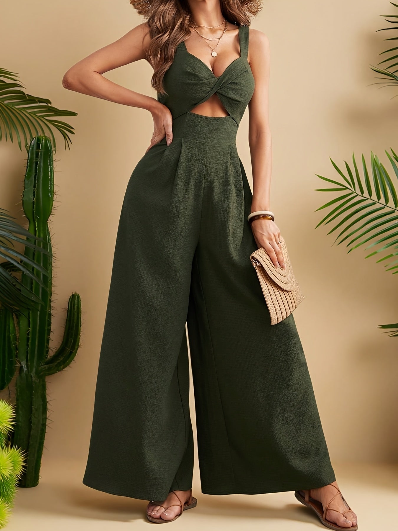 Women'S Elegant One-Piece Overalls Romper - Formal to Casual Outfit, Smocked Front & Waist, Easy-to-Wear Jumpsuit for Parties, Office, Casual Attire - Spring/Fall Clothing, Party Attire, Vneck Design, Flowy Fabric, Office Att