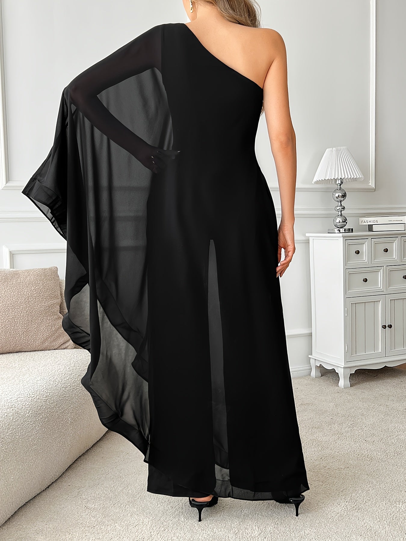 PORRCEY Sexy Single Shoulder Ruffled Sleeveless Solid Color Patchwork Elastic Jumpsuit