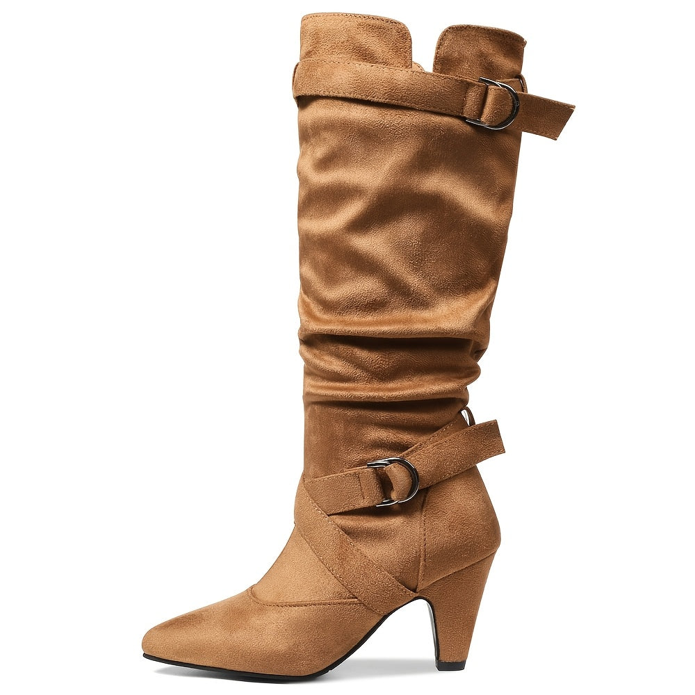 Women's Brown Retro Mid-Calf Boots - Thick High Heels, Pointed Toe, Buckle Straps, Stylish Pull-On for Party or Office, Suedelike