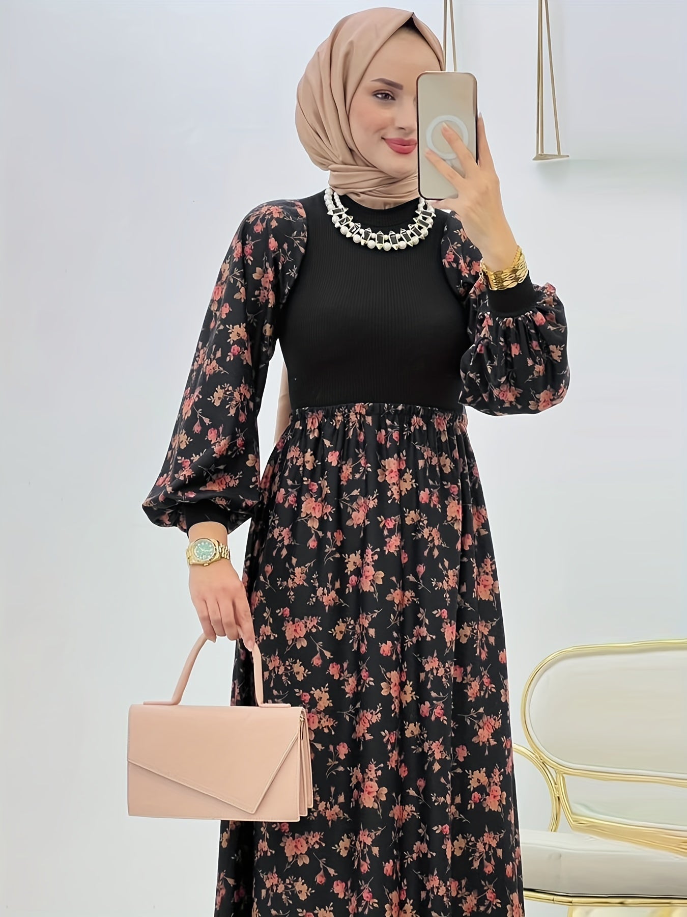 Women's Middle Eastern-Inspired Floral Print Maxi Dress - Polyester-Spandex Blend, Machine Washable, All-Season Versatile Wear, Elegant Casual to Formal Occasion Dress
