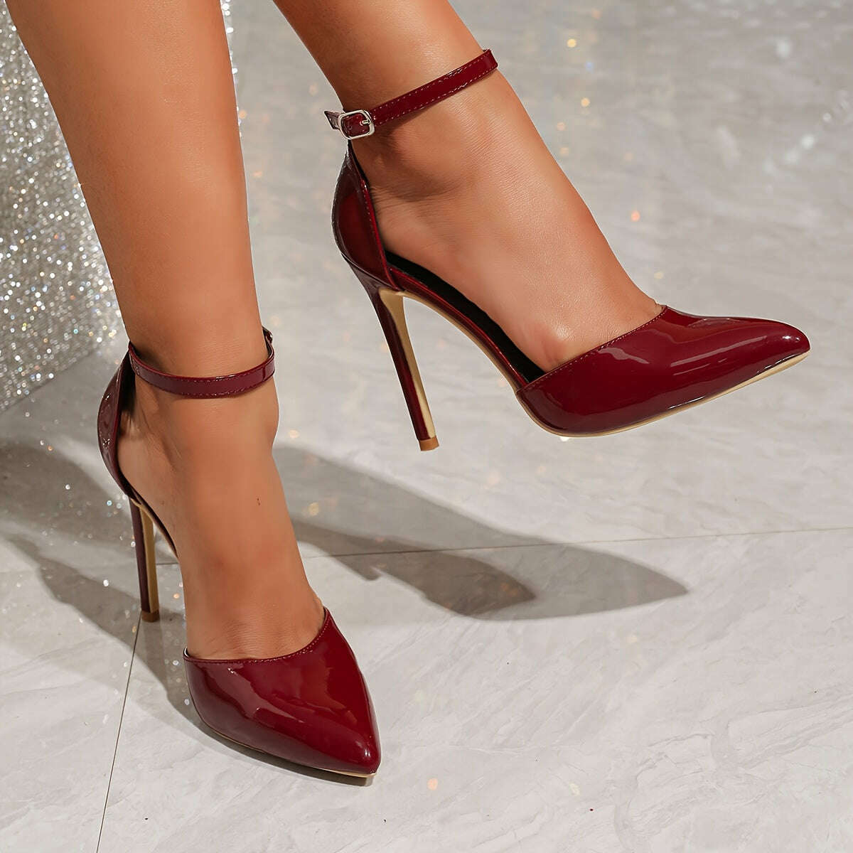 Burgundy Stiletto Heels Elegant Women's Sandals - Sleek Pointed Toe with Side Cut-Out, Faux Cover Strap & Rubber Sole, Perfect for Evening Events