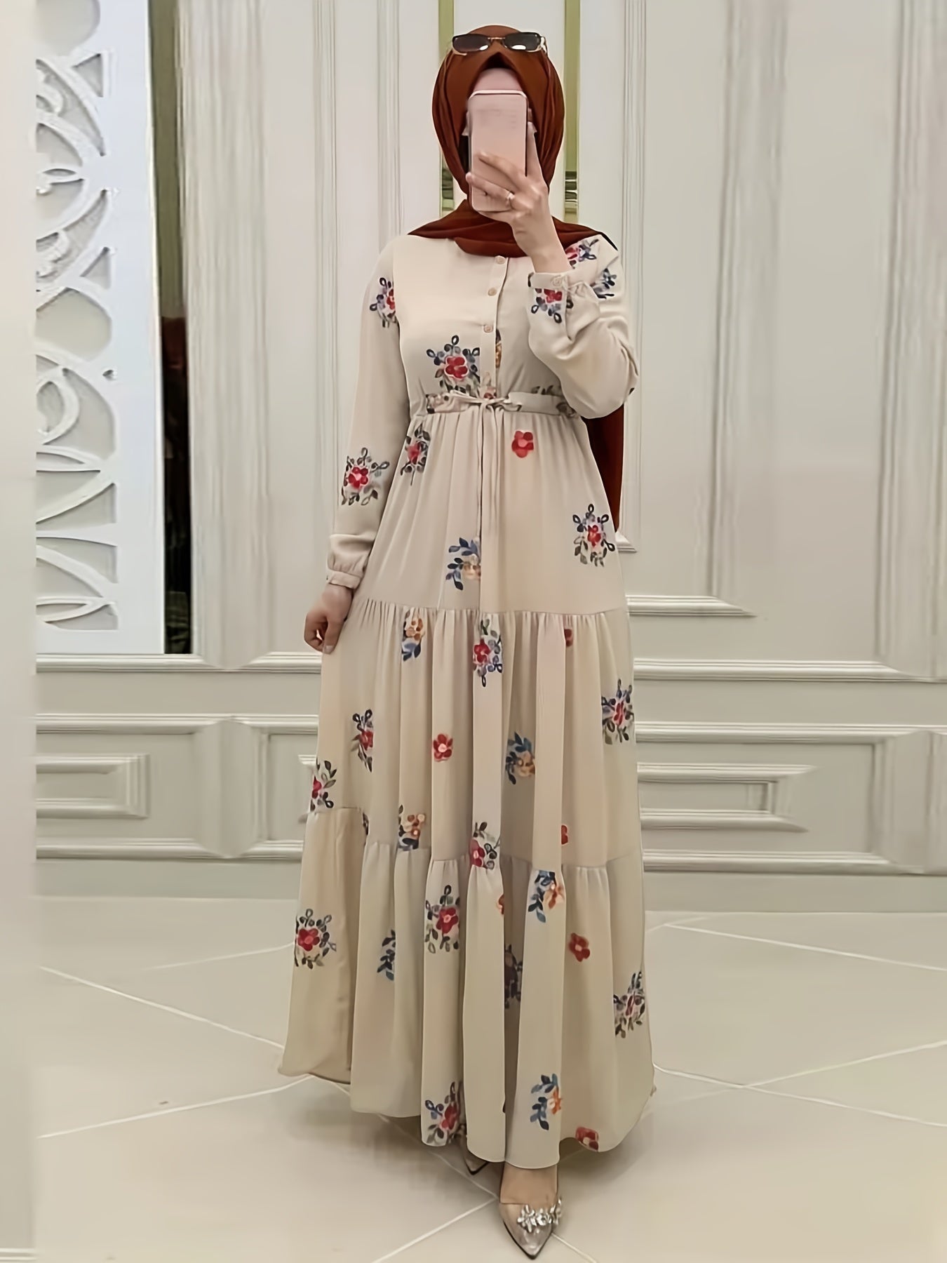 Ramadan Floral Pattern Abaya Dress, Elegant Button Front Long Sleeve Maxi Dress, Women's Clothing