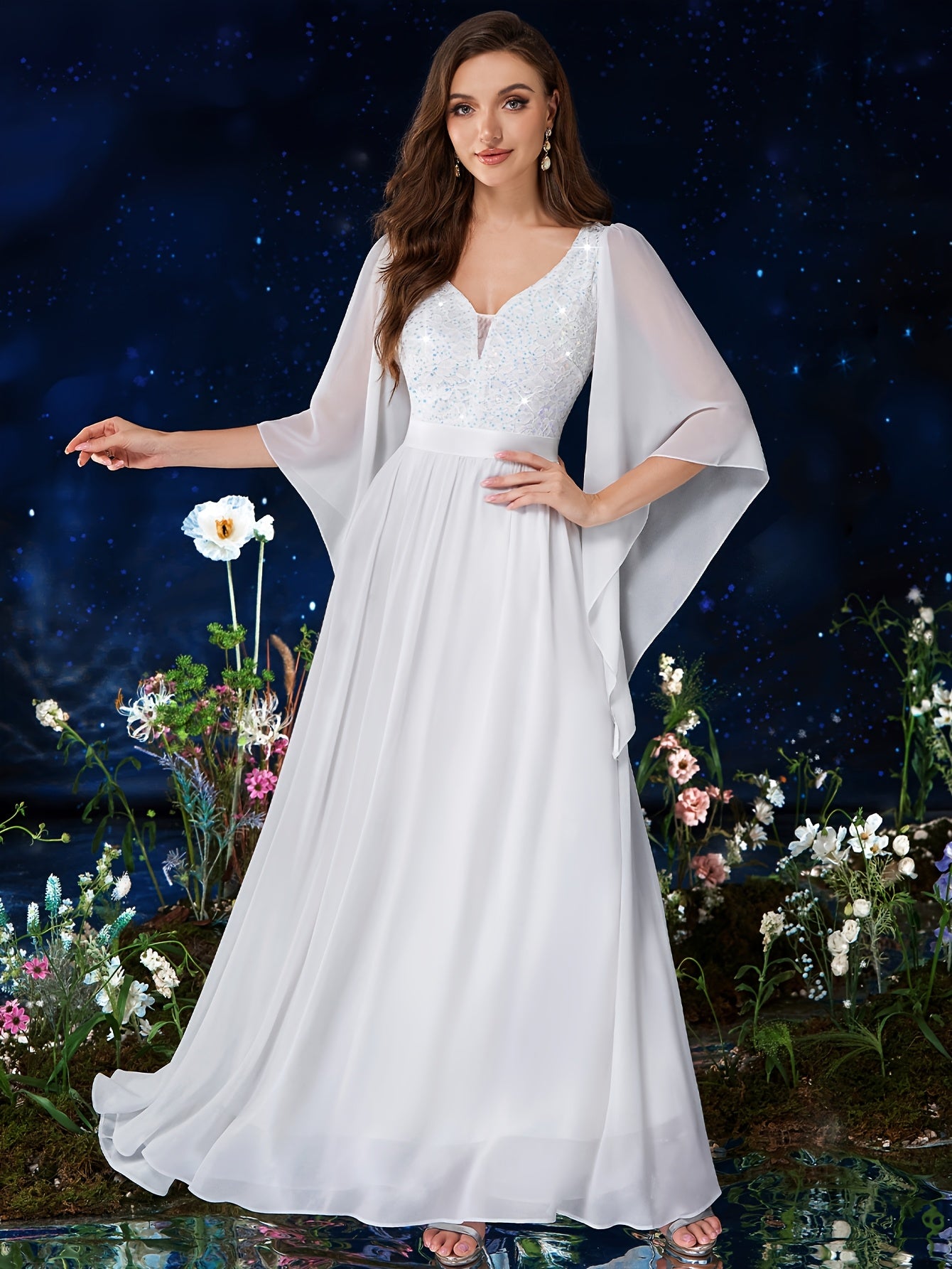 Deep V-Neck Lace Gown – Fit & Flare Sequin Dress