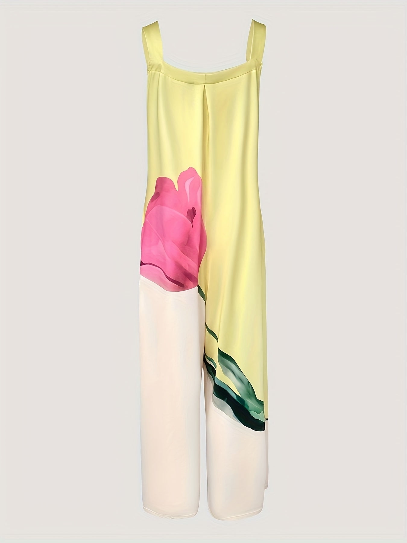 Women's Floral Print Sleeveless Jumpsuit - Thick Strap Ruched Design, Loose Fit Casual Romper with Pockets, H-Silhouette Long Length for Spring Summer Fall, Hand Wash Only, Seasonal Fashion, Flowy Material, Warm Weather Cloth