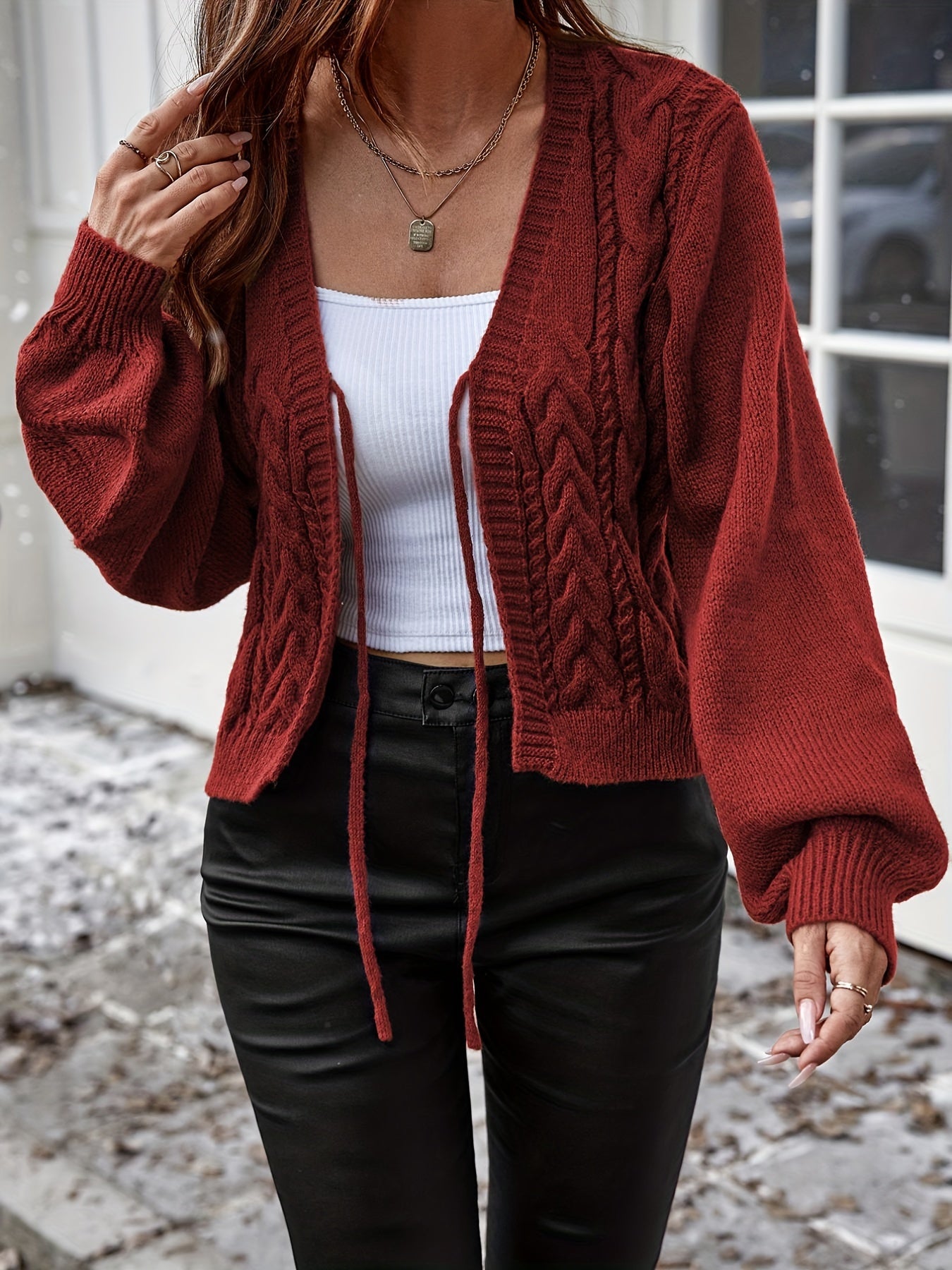 Long Sleeve Solid Color Polyester Cardigan - Elegant Casual Knit Sweater with V-Neck, Tassel Detail, and Drawstring for All Seasons