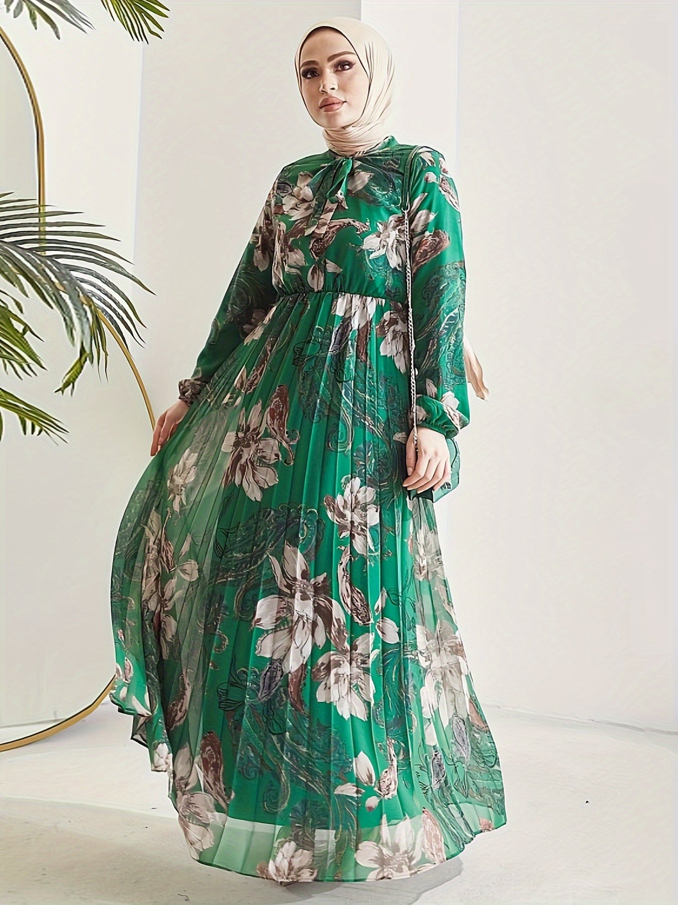 Stunning Floral Print Maxi Kaftan Dress - Modest Long Sleeve, Pleated, Flowy, Polyester, Machine Washable, Random Printing, Middle Eastern Style - Perfect for All Seasons