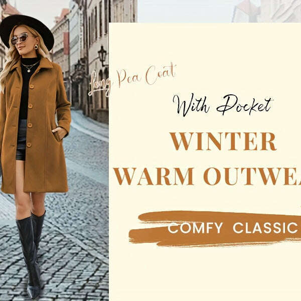 Single-Breasted Women's Pea Coat, Elegant Winter Overcoat