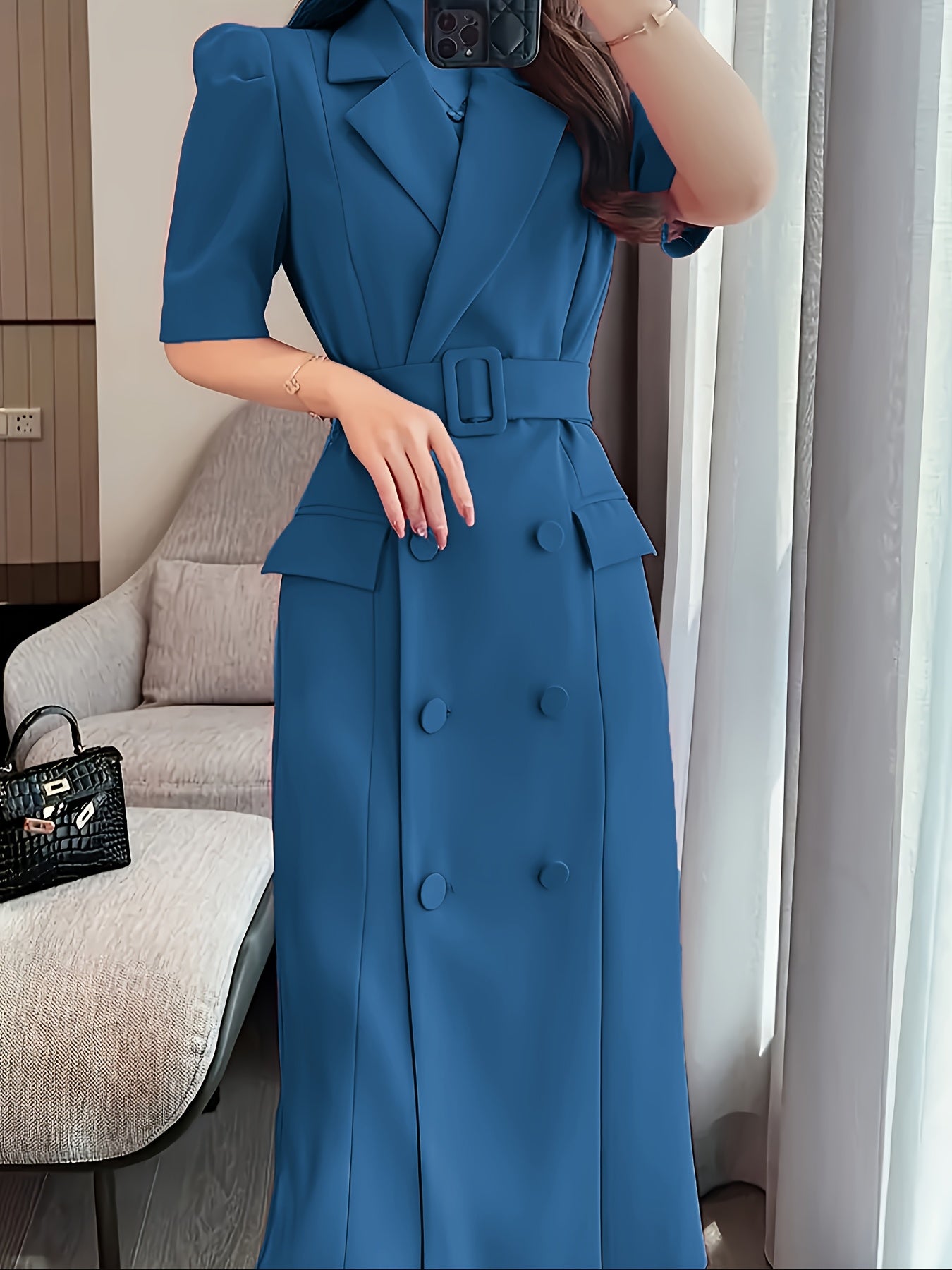 Elegant French-Inspired Magenta Pink Pencil Dress - Chic Notched Collar, Button Detail, Polyester Blend for Women, Perfect for Spring & Fall