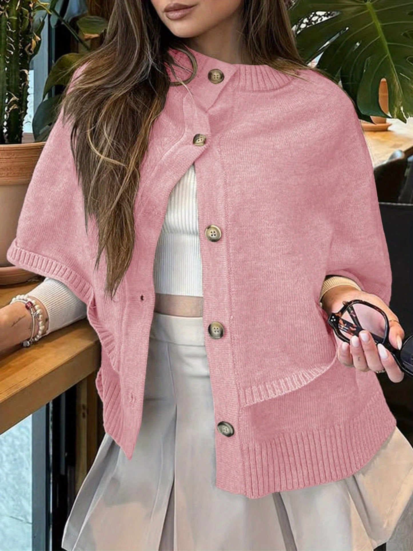 Women's Elegant Soft Pink Oversized Cape Cardigan - Fall Winter Sweater Coat with Button Front Closure, Long Sleeve Crew Neck & H-Line Silhouette, Medium Stretch for Casual to Formal Outfits