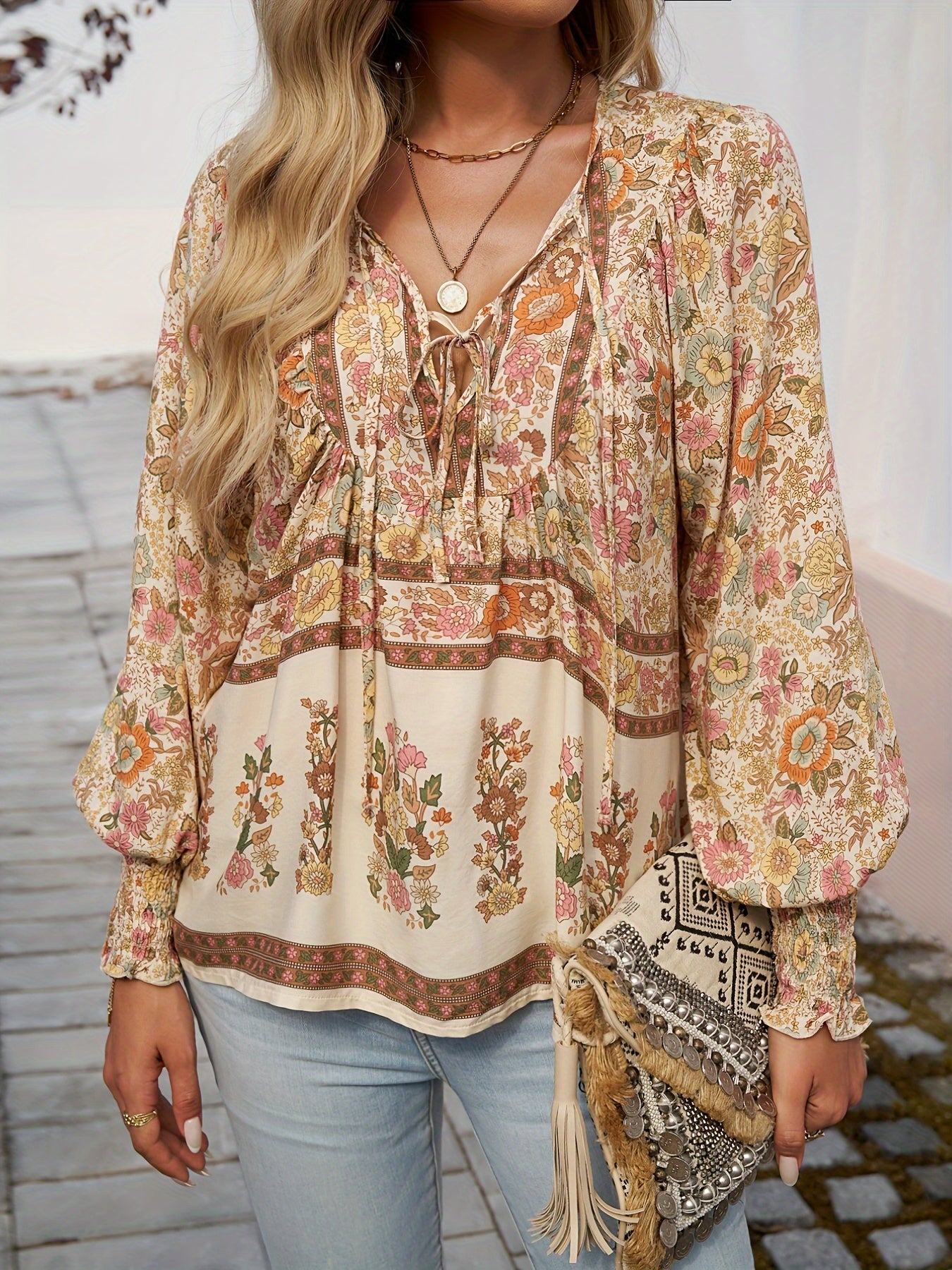 Floral Print V Neck Blouse, Casual Drawstring Long Sleeve Blouse For Spring & Fall, Women'S Clothing