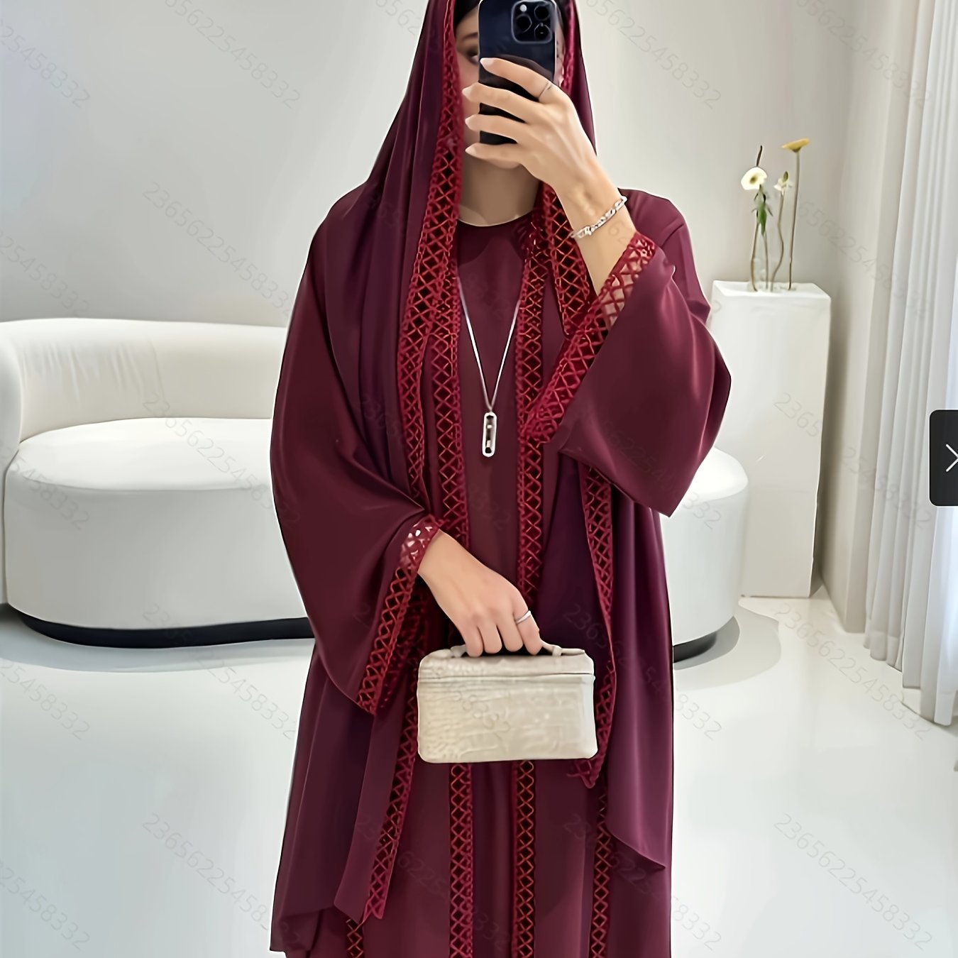 Open robe set with lace, sleeveless slip dress and chiffon headscarf - lightweight, simple, and breathable, suitable for spring and summer