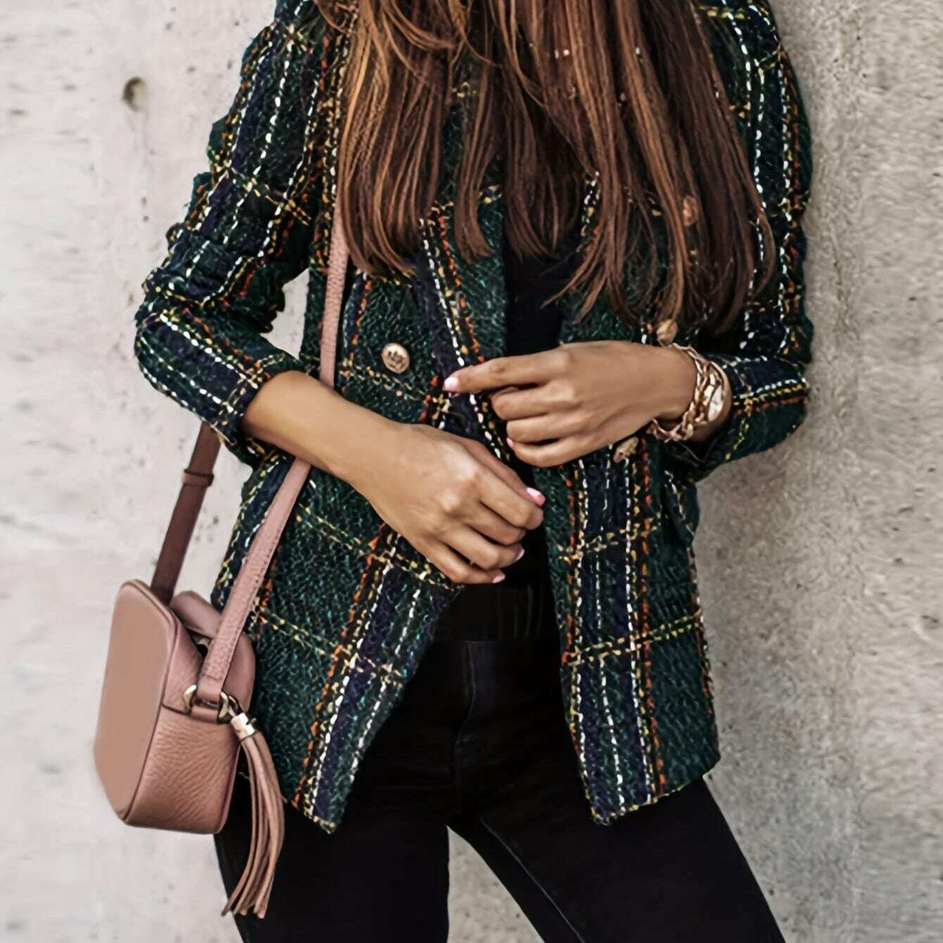 Elegant Plaid Tweed Double-Breasted Blazer for Women