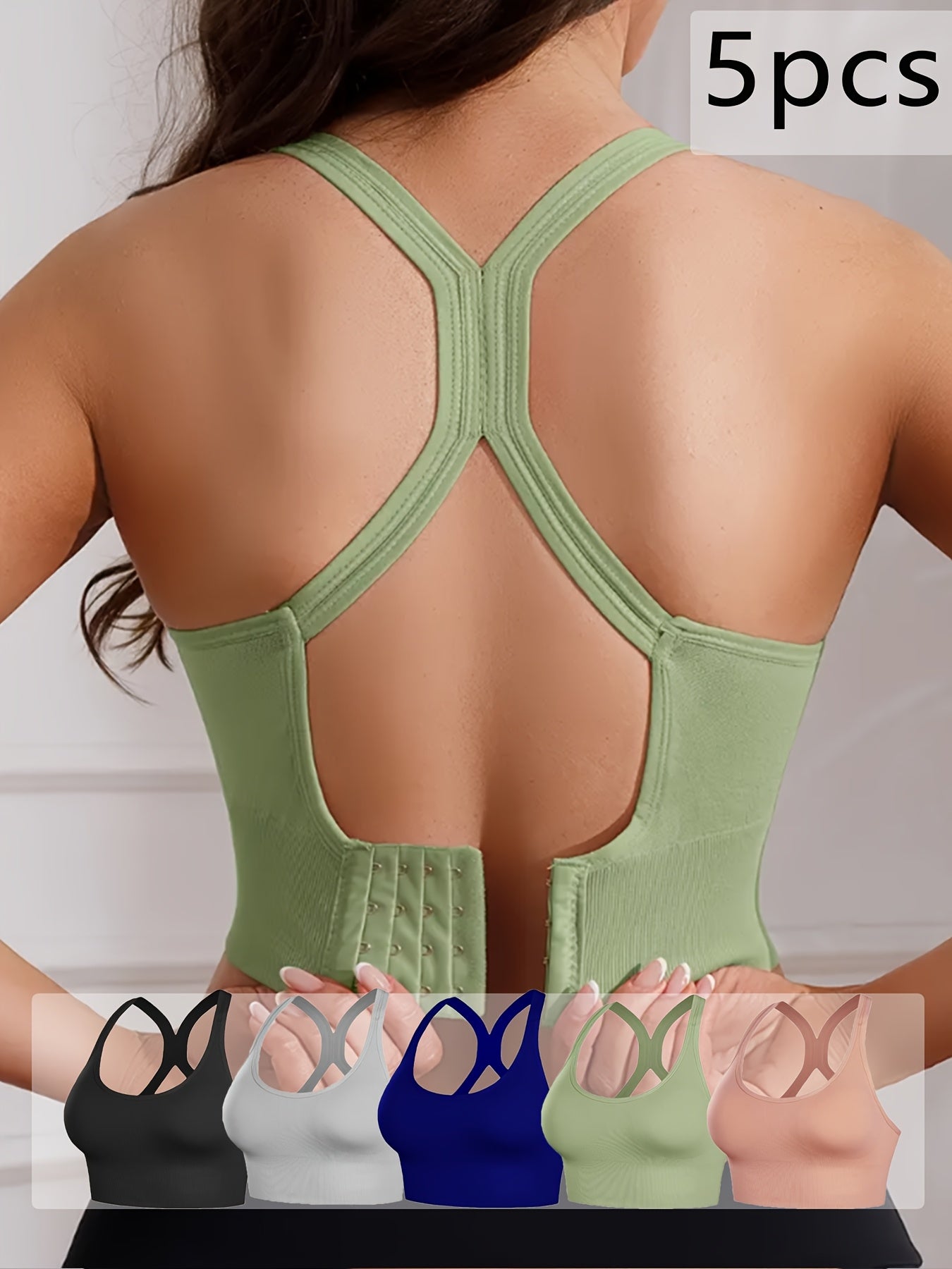 5pcs Women's X-Back Sports Bras with Removable Pads - Wire-Free Breathable High-Impact Workout Tops, Adjustable Straps & Full Coverage Support, 10 Color Options (Green, Black, White, Blue, Navy, Pink, Grey, Beige, Brown, Purp