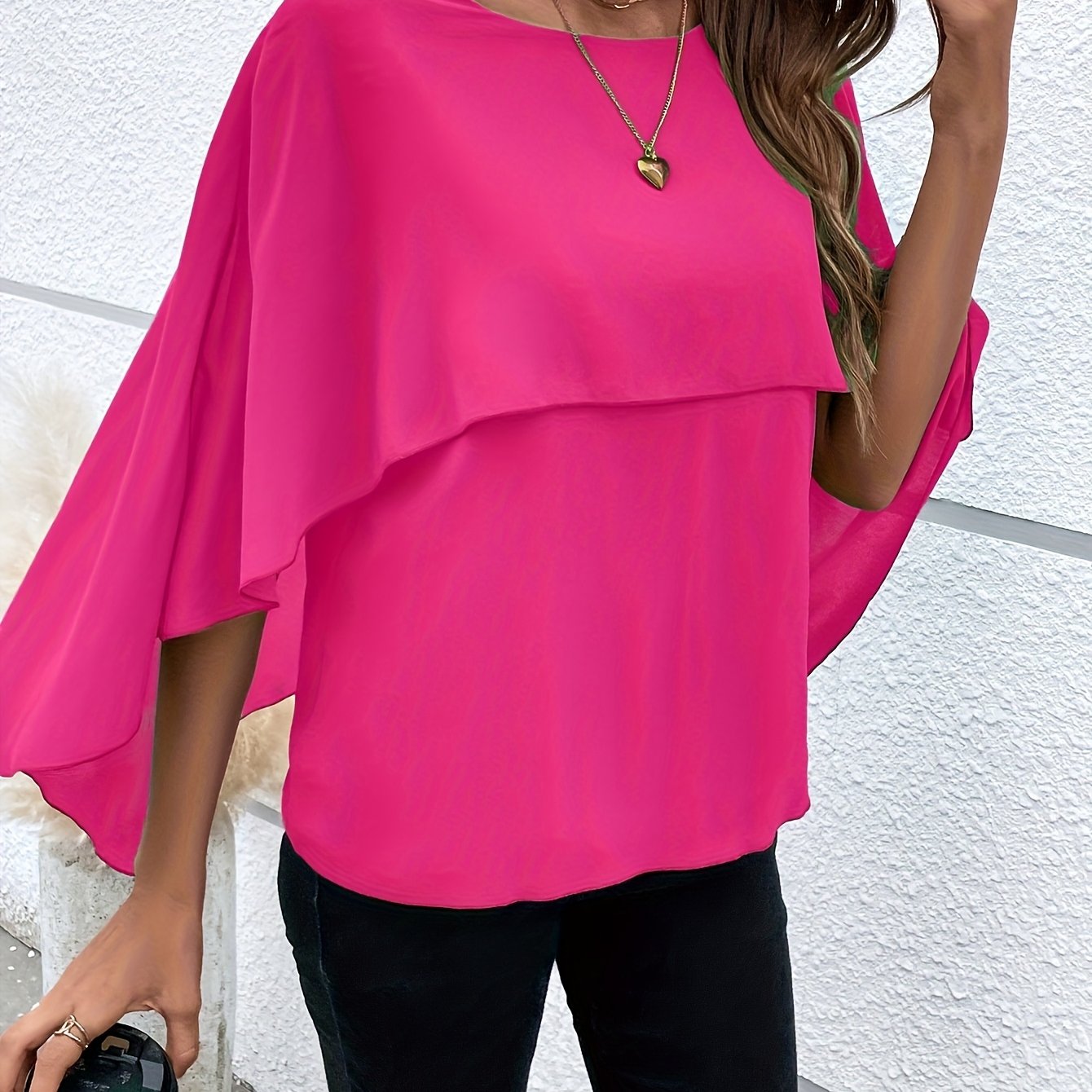 Solid Color Layered Cape Sleeve Shirt, Versatile Round Neck Shirt For Spring And Autumn, Women'S Clothing