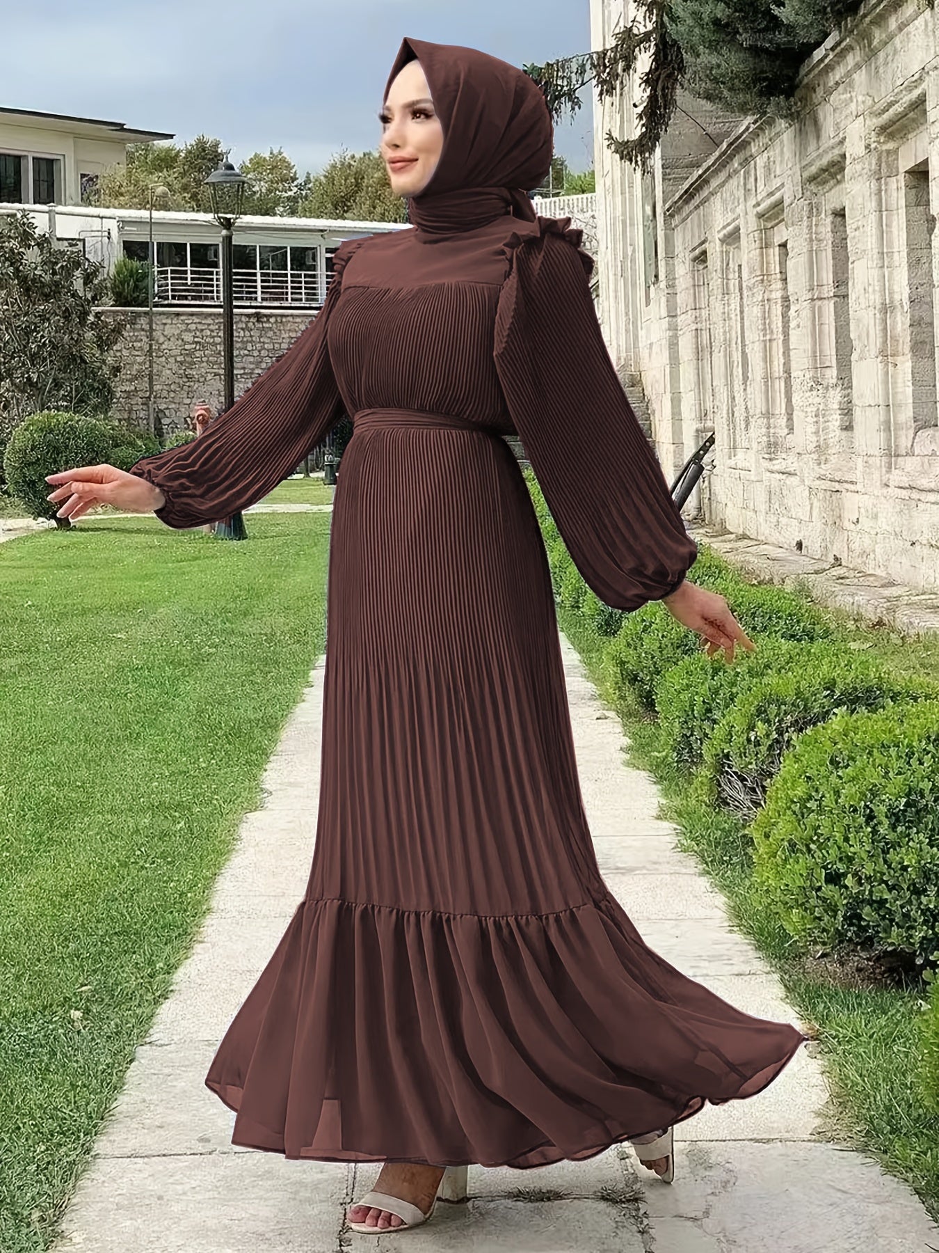 Women's Middle Eastern Muslim Abaya Kaftan Dress - Modest Long Sleeve Ruffled Hem Solid Color Traditional Dress with Belt, Machine Washable All-Season Casual Wear, Modest Apparel | Soft Texture