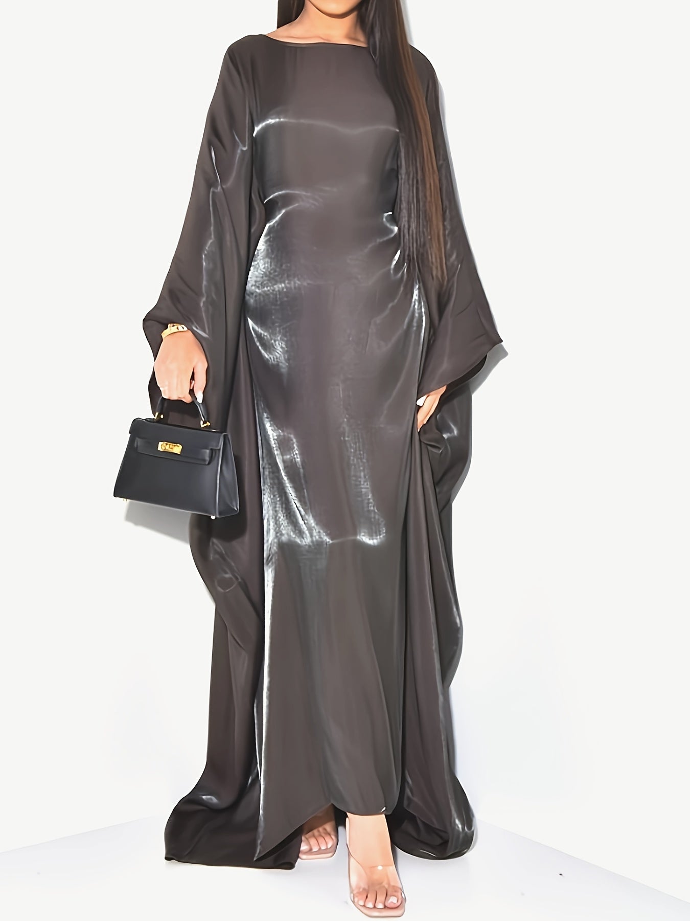 Elegant Sparkling Metallic Abaya for Women - One Size, Long Sleeve, Round Neck with Side Slit, All-Season Flowing Maxi Dress, Casual Wear|Shimmering Abaya| Flowing Design