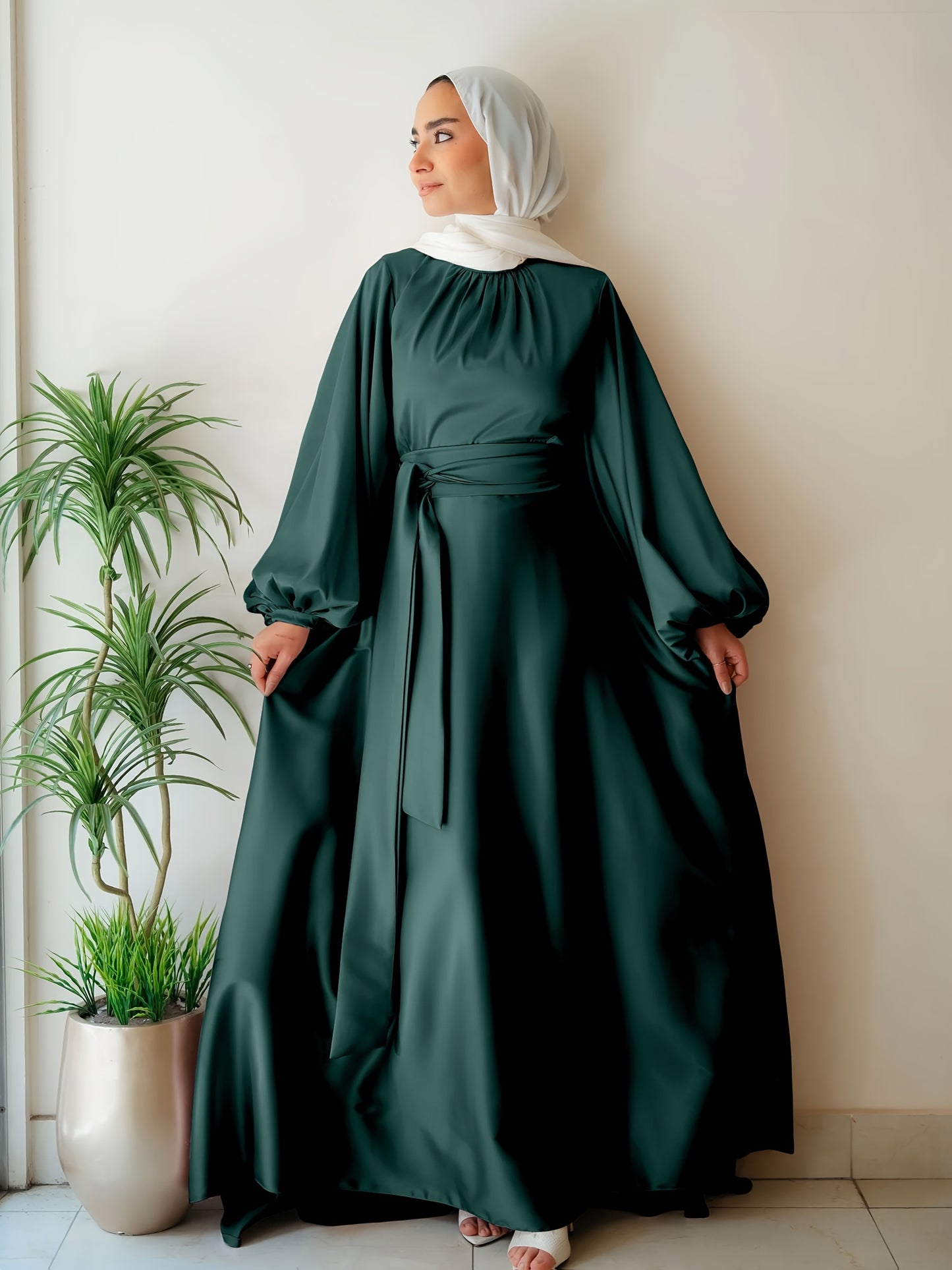 Elegant Satin Abaya with Lantern Sleeves and Belt - Long, Flowing Maxi Dress for Women, Perfect for Festivals and Special Occasions, Festival Attire|Sleek Fitted Design|Polyester Fabric