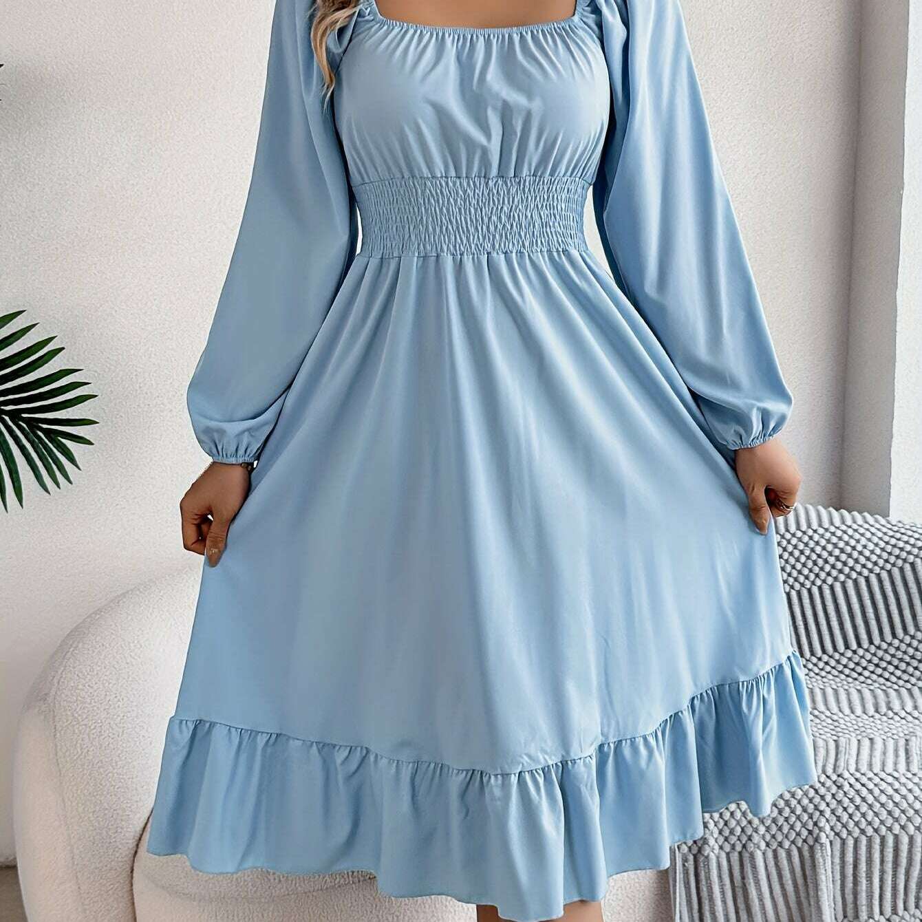 Ruffle Hem Lantern Sleeve A-line Dress, Elegant Solid Color Square Neck Backless Shirred Dress, Women's Clothing