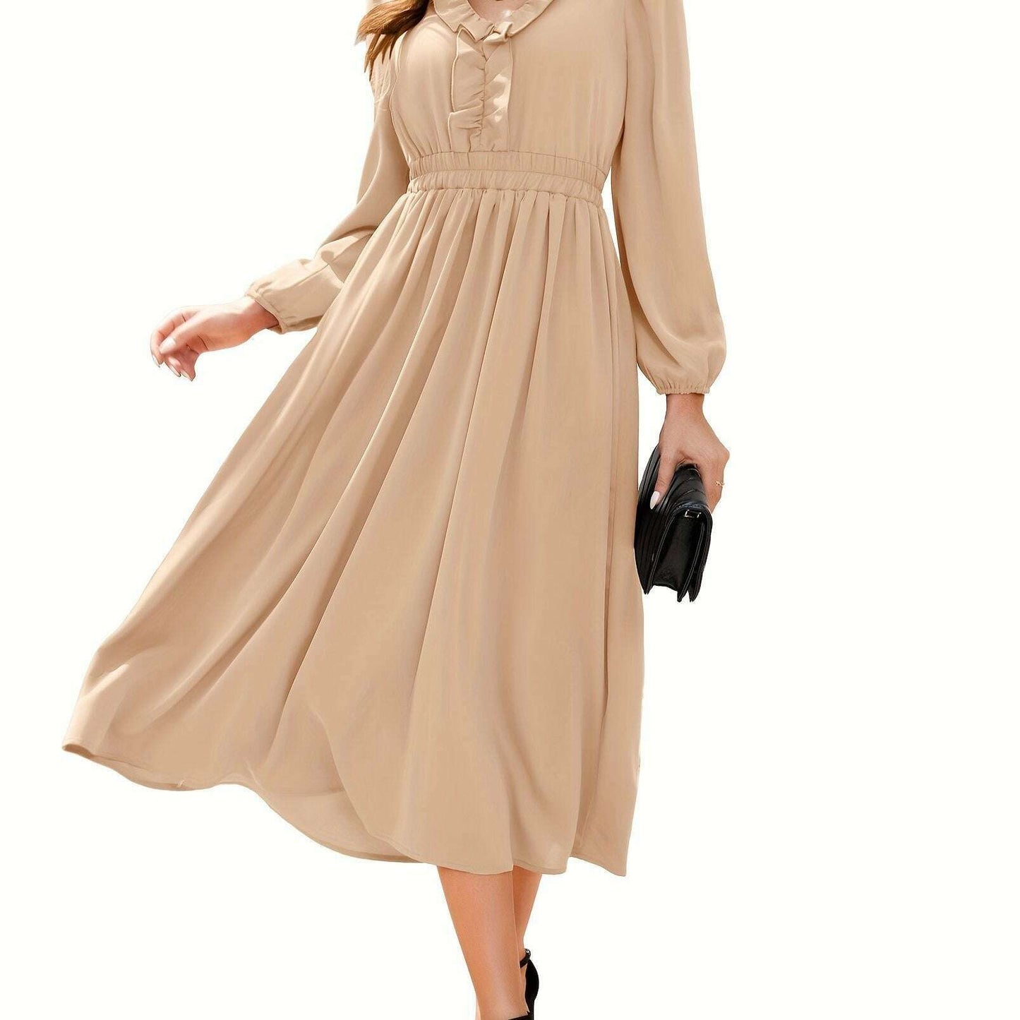 Long Sleeve Elegant Party Dress with Pleats & Ruffles - D&M Boutique
