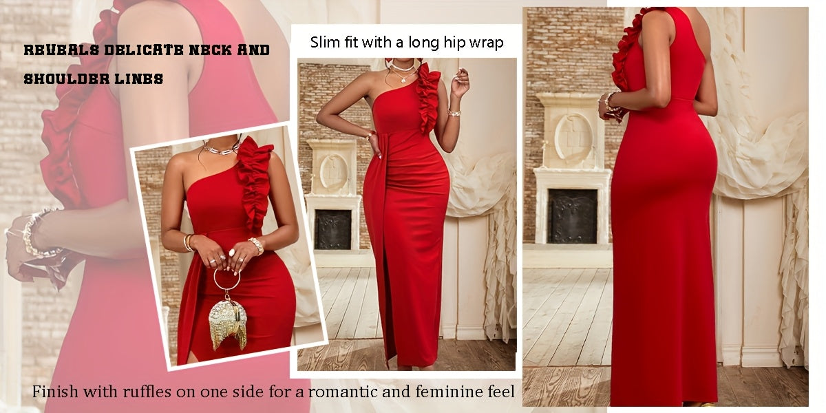 Women'S Elegant Formal Party dress - Sleeveless One-Shoulder Evening gown, Bodycon Fit with Asymmetric Neckline, Red Formal event dress for Women - Perfect for Valentine's, Galas, Proms, Weddings - Sophisticated Party Outfit,