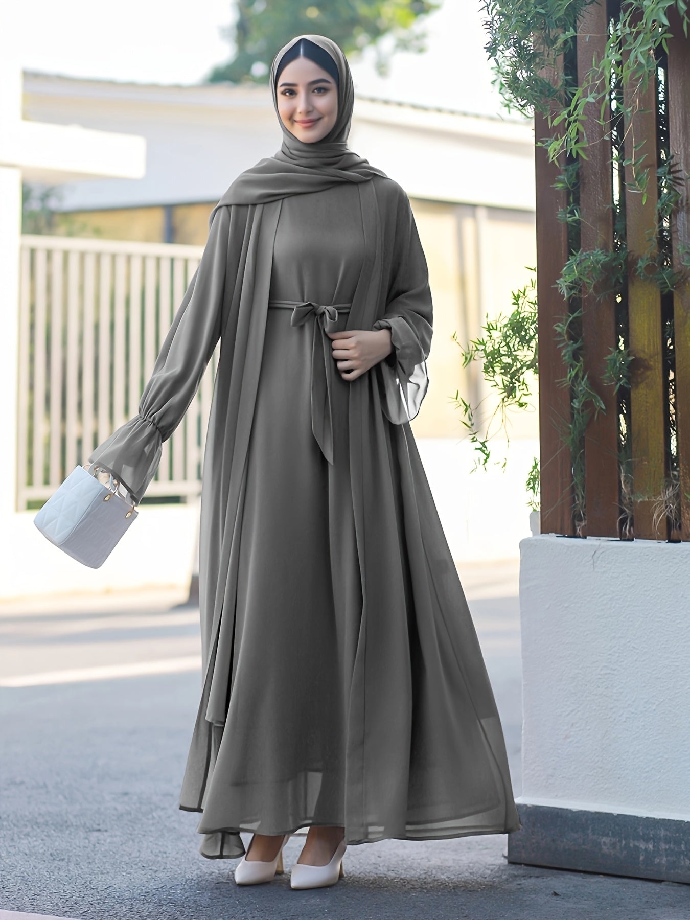 Middle Eastern Muslim Elegant Chiffon Abaya Set with Vest and Belted Outer Wrap