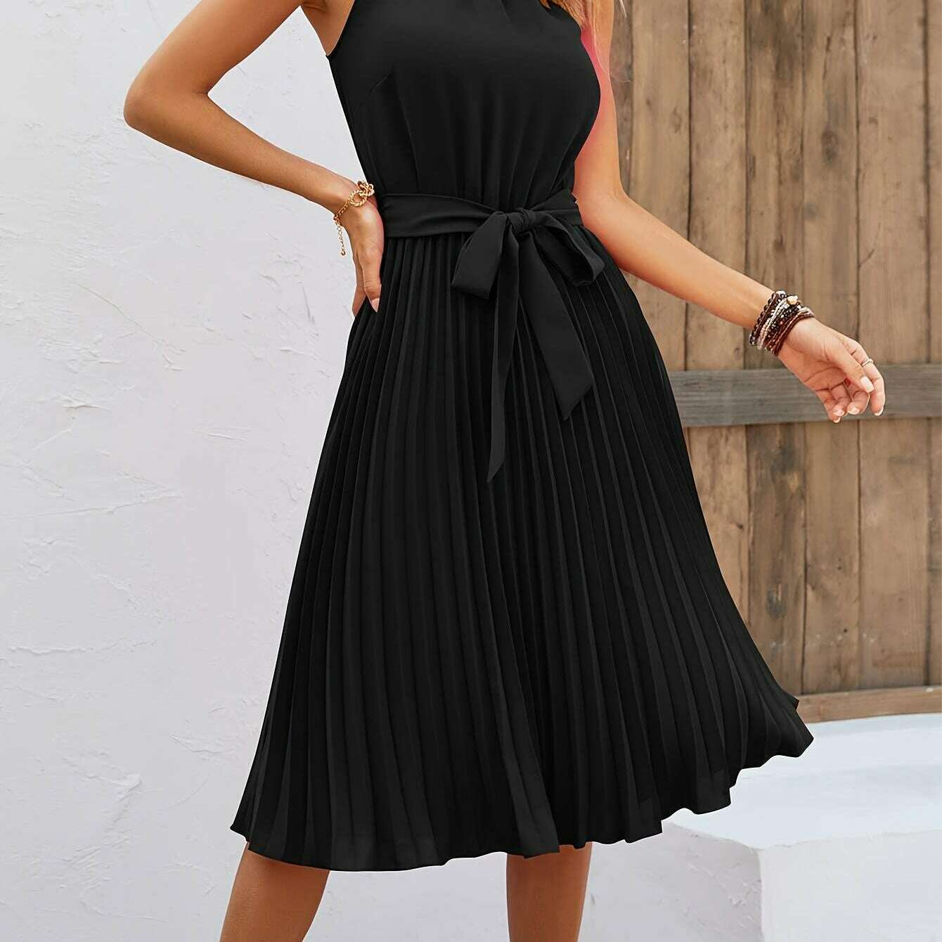 Women's Sleeveless Halter Pleated A-Line Summer Dress - D&M Boutique