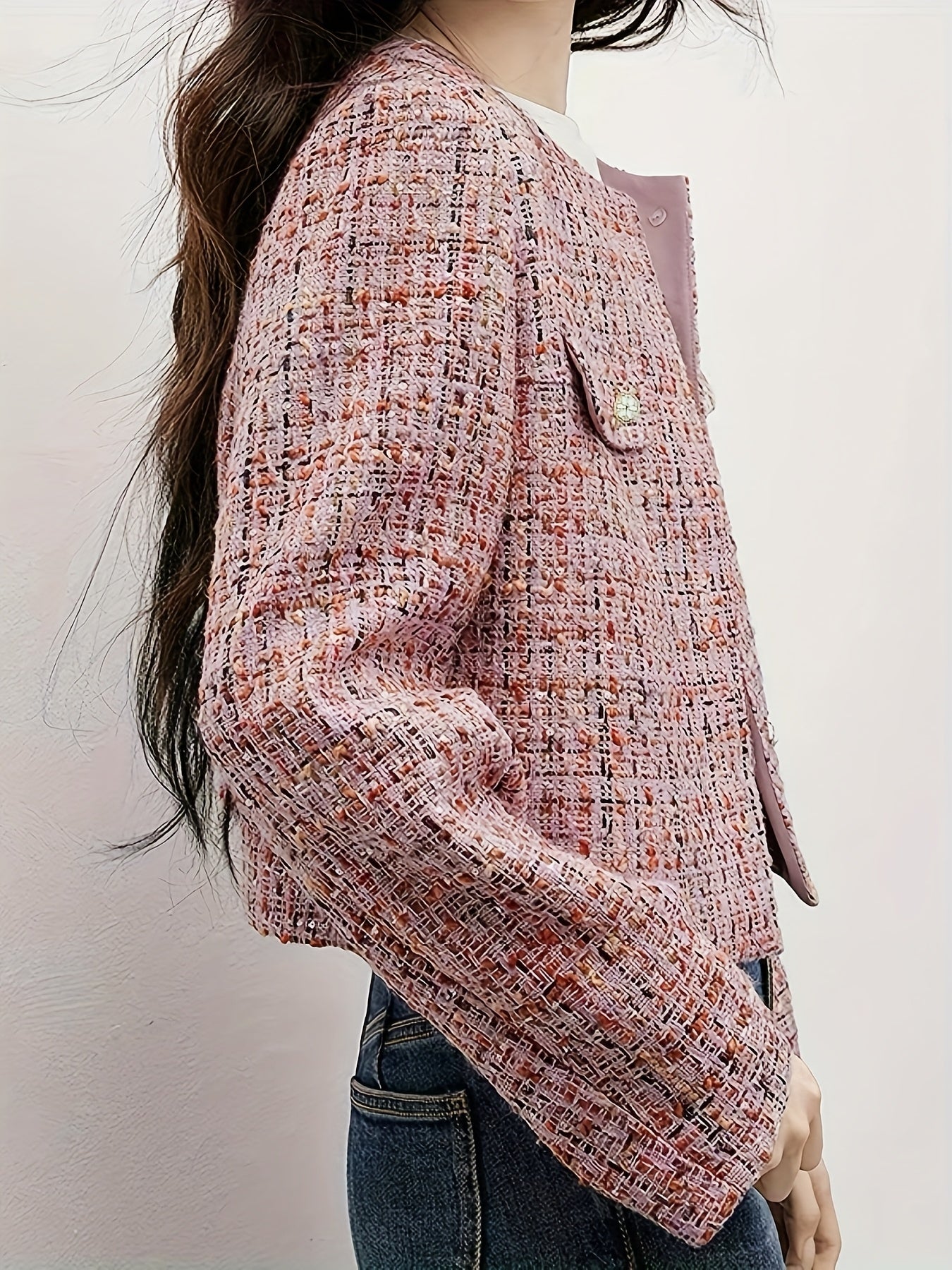 Women's Elegant Thickened Tweed Cardigan Jacket - Floral Pattern Plaid in Red, Pink, White & Brown, Loose Fit Short Length Long Sleeve Coat with Round Neck & Single-Breasted Button Front, All-Season Casual Outerwear for Every