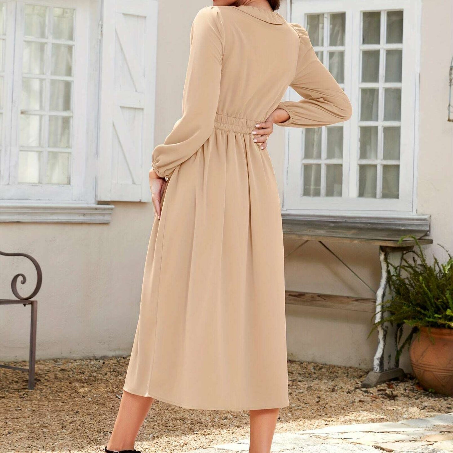 Long Sleeve Elegant Party Dress with Pleats & Ruffles - D&M Boutique