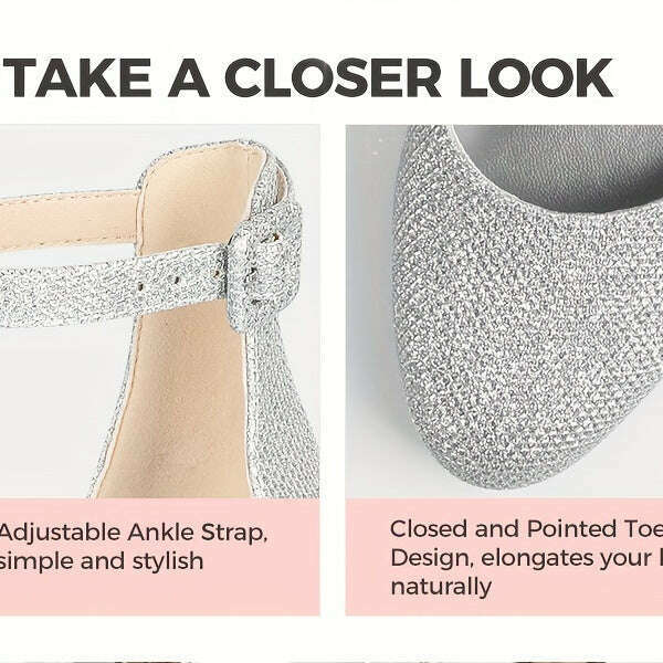 Elegant Golden Glitter D'Orsay High Heels for Women - Sparkling Pointed Toe with Ankle Strap, Lightweight & All-Season, PU Cover & Rubber Sole