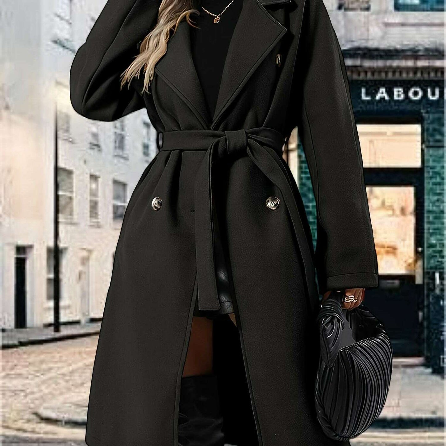Women's Pea Coat with Lapel Collar and Belted Pockets