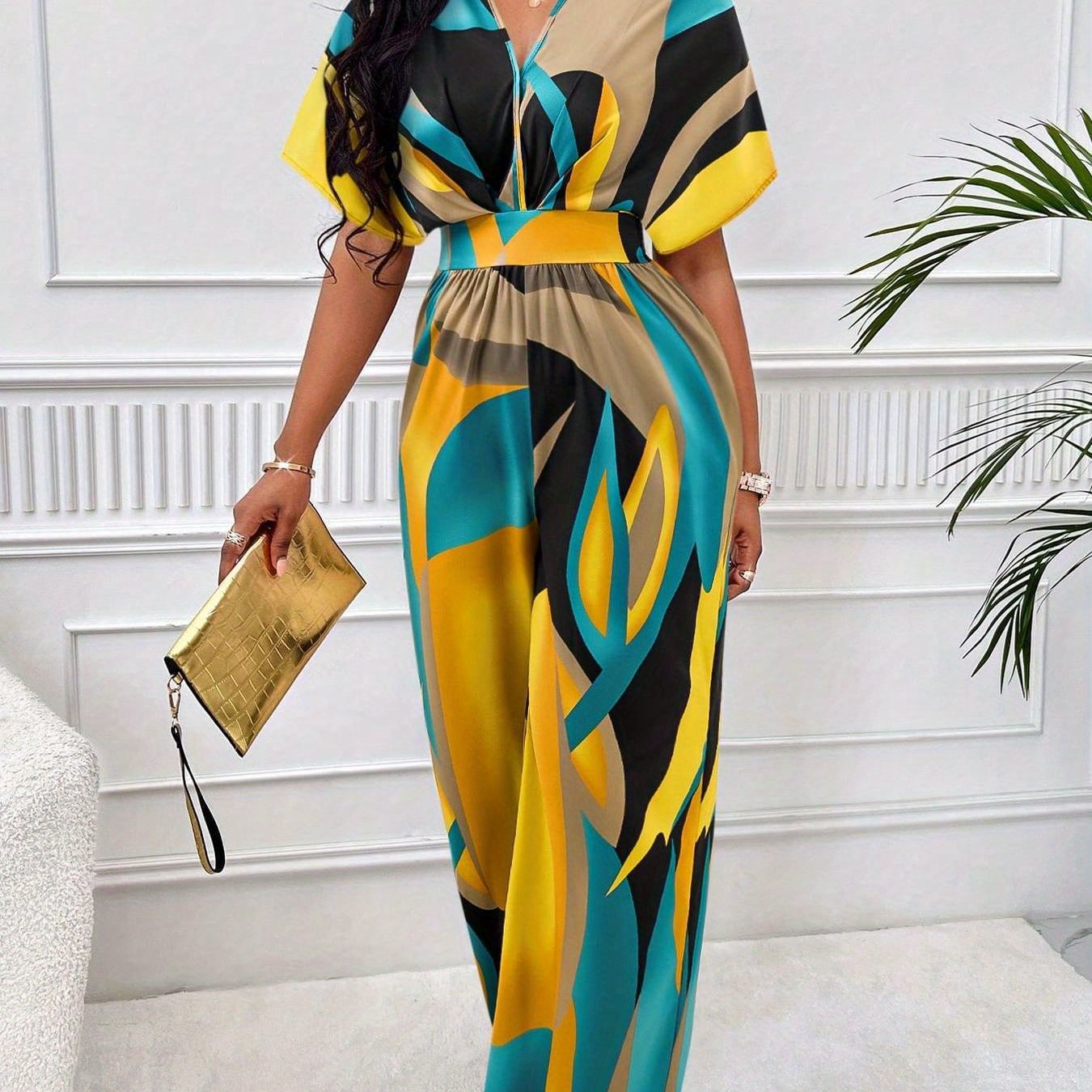 Women's Geometric Print V-Neck Jumpsuit - Short Raglan Sleeves & Smocking Detail, Wide-Leg Long Length, Machine Washable for Spring/Summer/Fall, Resort & Evening Outings, Ladies Rompers And Jumpsuits, Evening Wear, Vneck Styl
