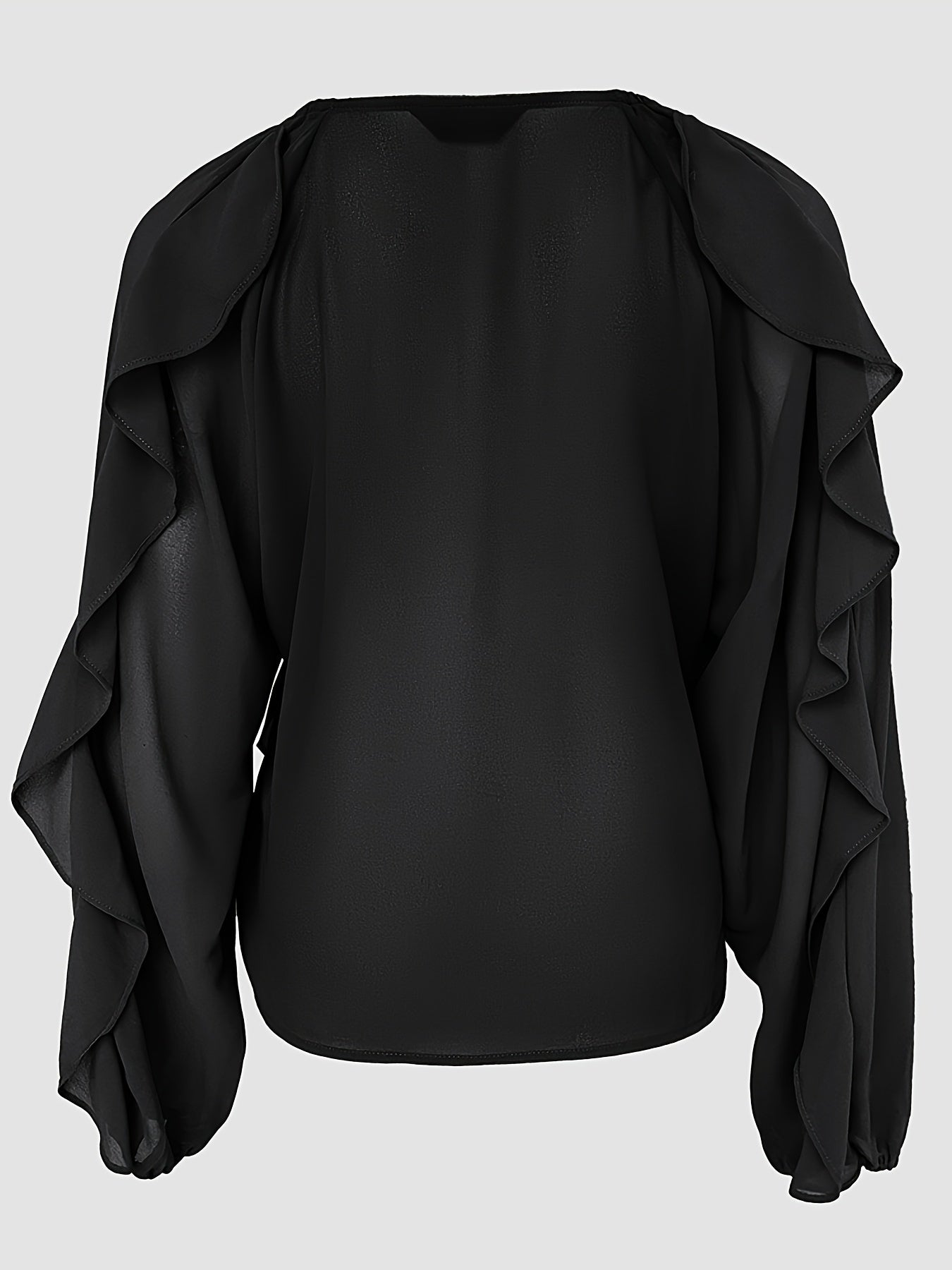 Women's Elegant V-Neck Blouse with Asymmetrical Shoulder Ruffles - Slim Fit Long Sleeve Top, Solid Color Casual Chic Shirt for Spring/Fall, Hand Wash Only, Spring Fall Attire, Ruffle Detail Top, Sophisticated Texture, Fall Wa